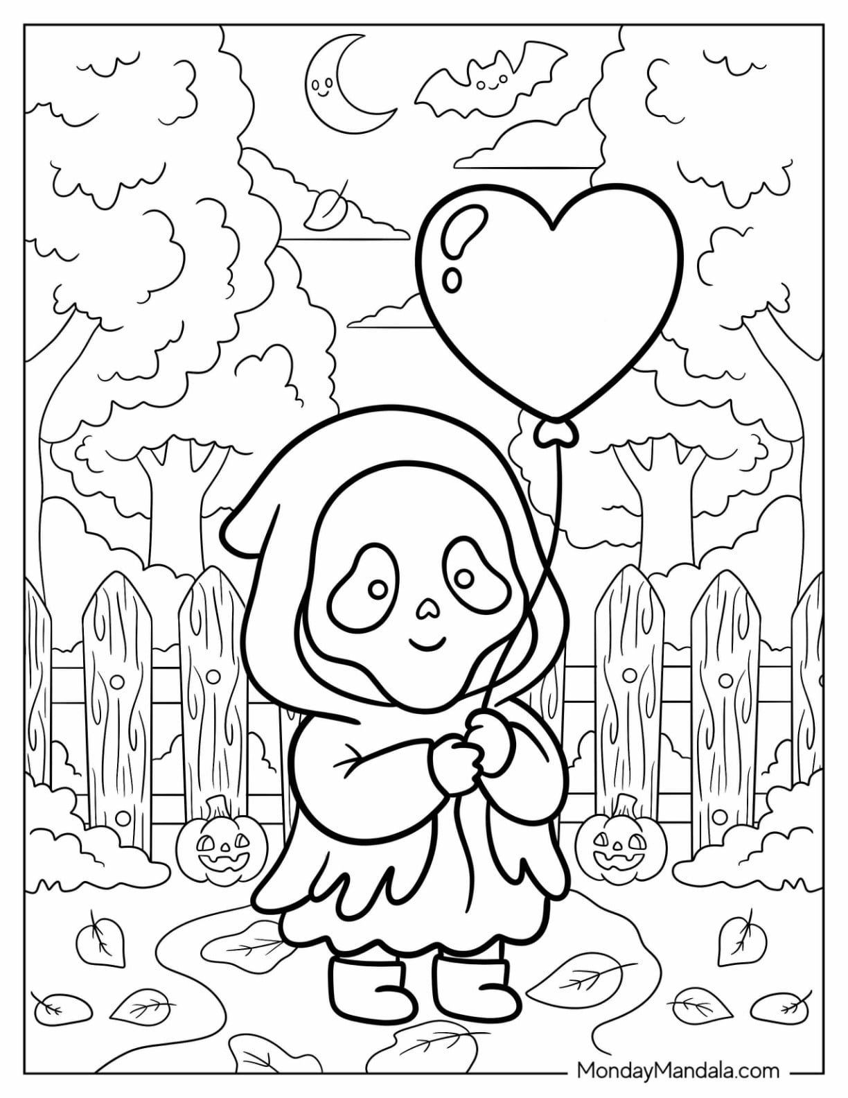 Kawaii Ghost Face Holding a Heart Balloon Coloring Page for Kids