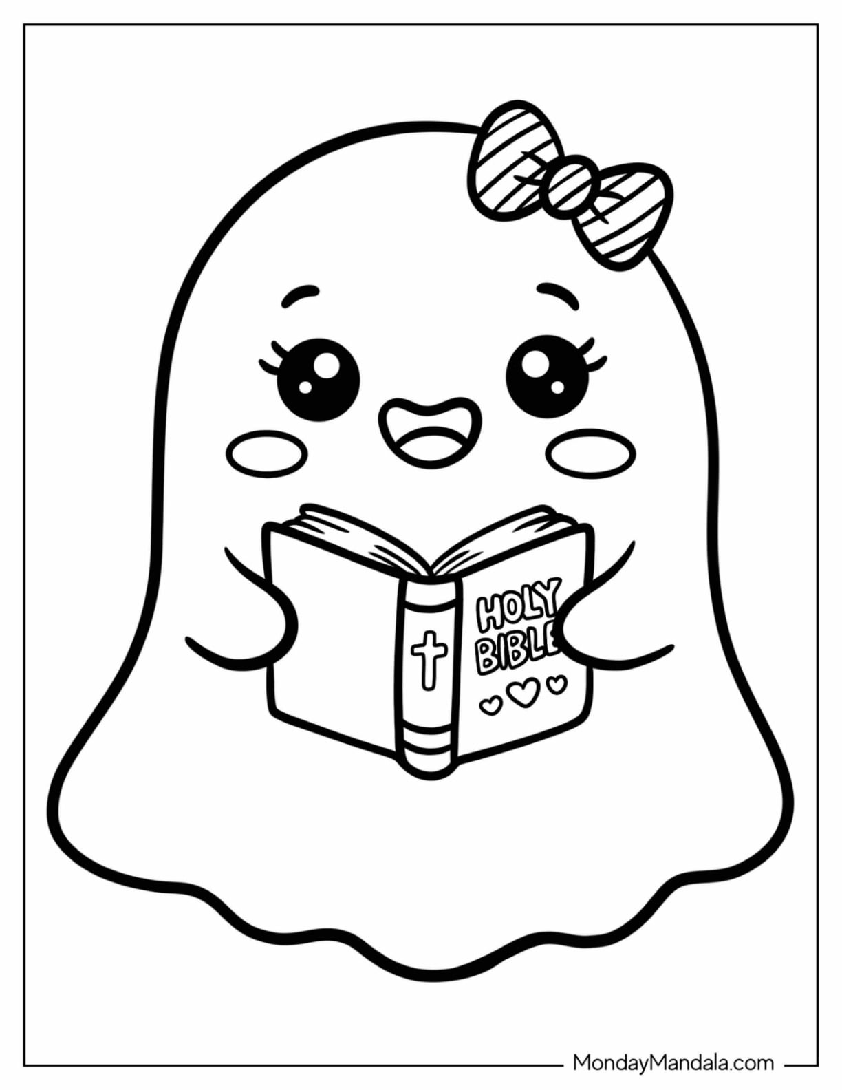Christian Halloween Coloring Page of Kawaii Ghost Reading the Holy Bible for Preschoolers