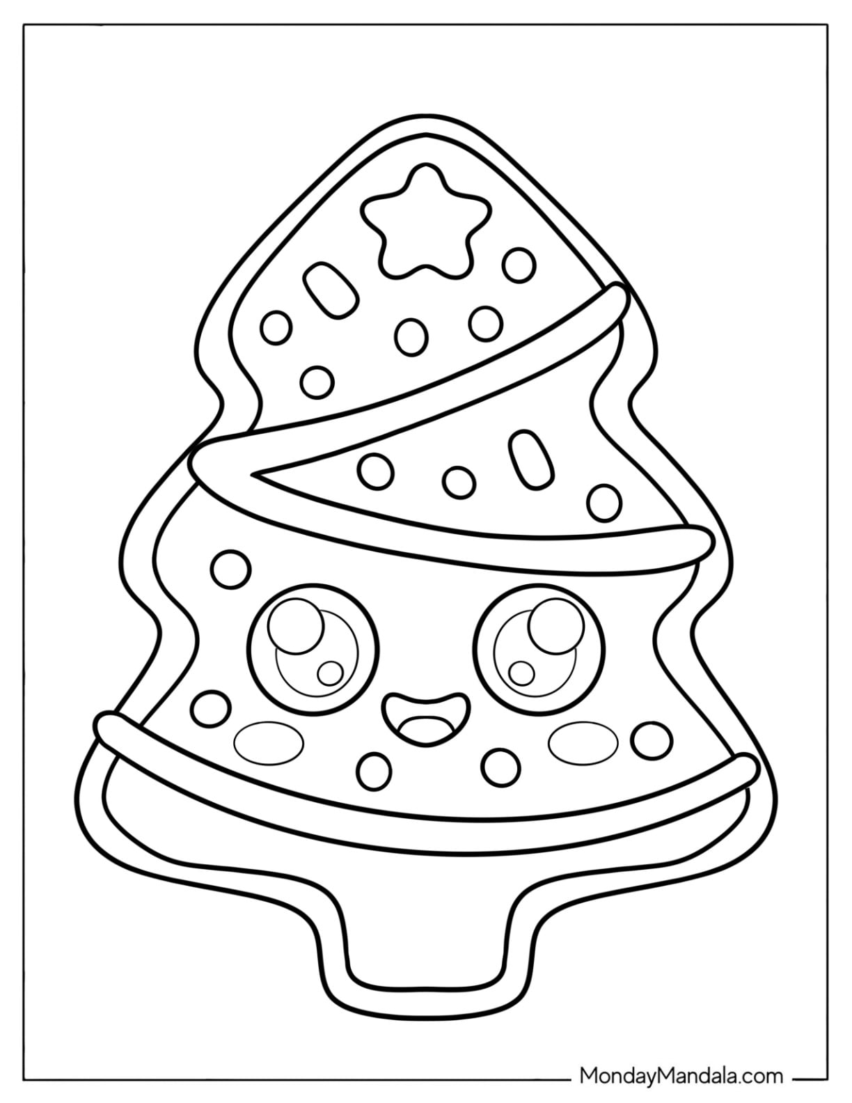 Kawaii Gingerbread Christmas Tree Coloring Page for Preschoolers