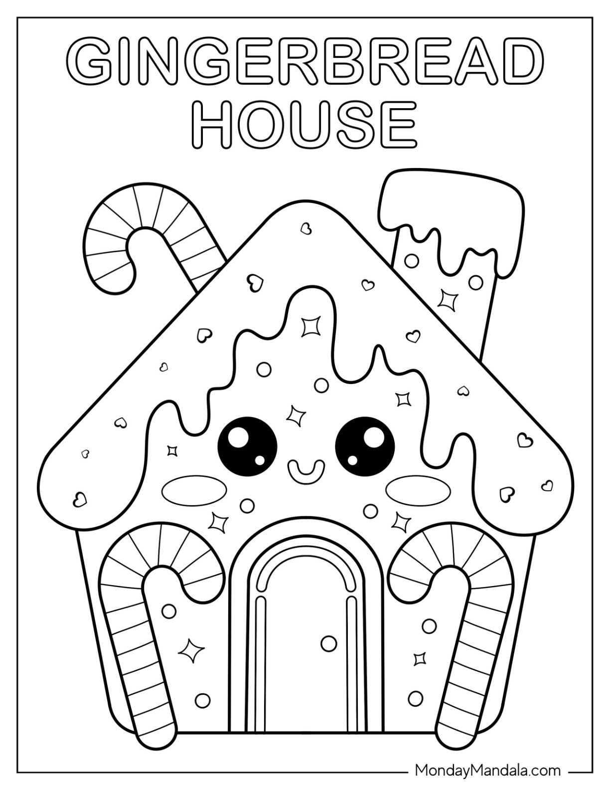 Kawaii Gingerbread House Coloring Page with Candy Canes for Preschoolers