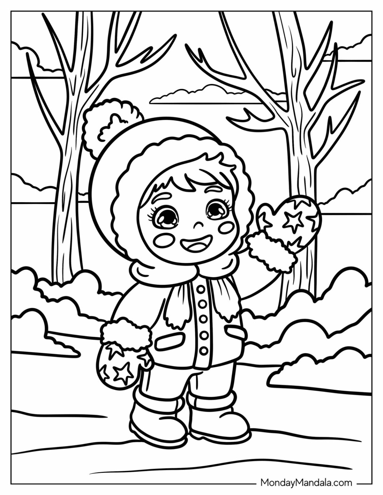 Kawaii Girl with Starry Mittens Coloring Page Waving for Kids