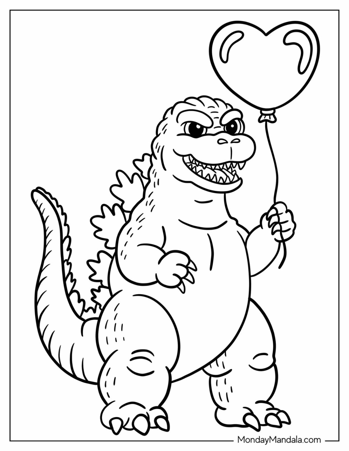 Kawaii Godzilla Coloring Page Holding a Heart Balloon For Preschoolers