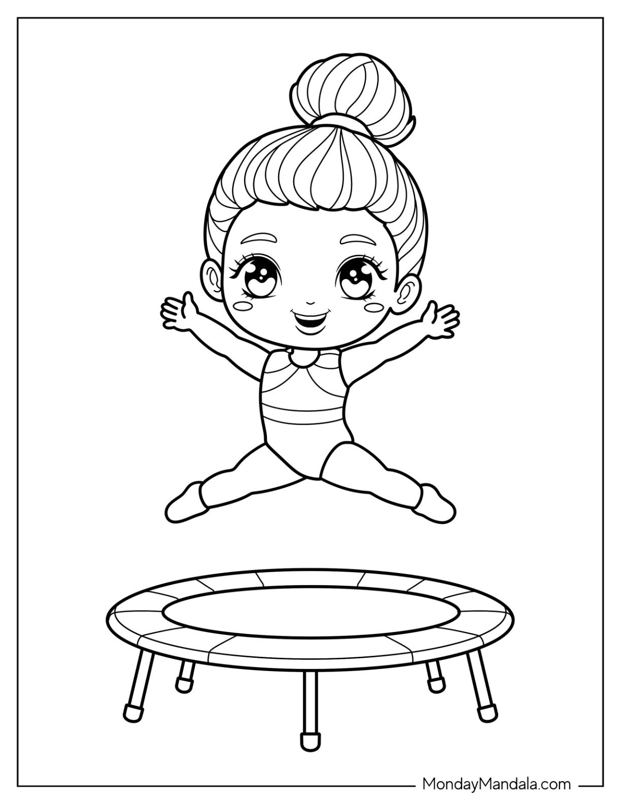 Gymnastics Coloring Page of Kawaii Gymnast Doing a Split Jump Above Trampoline for Kids