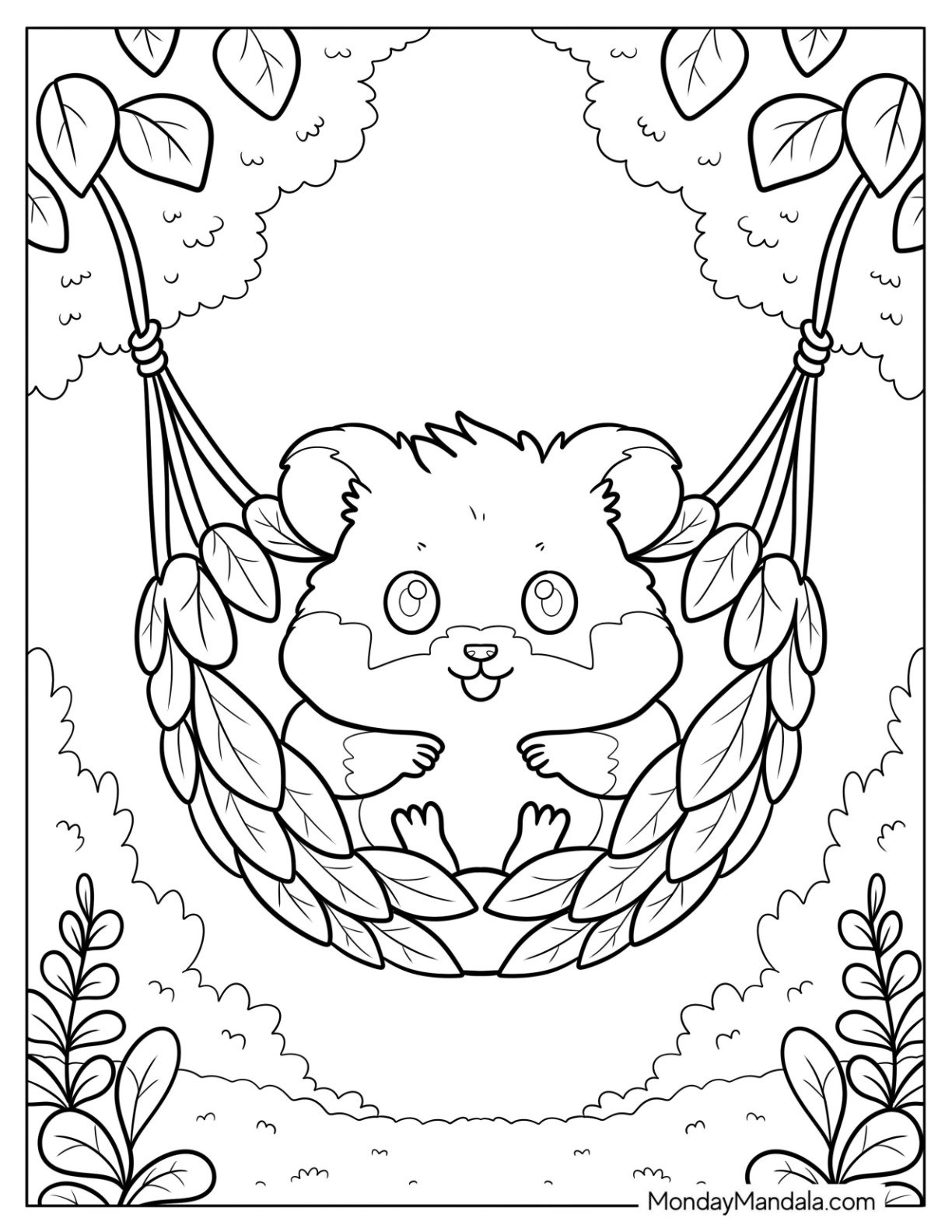 Kawaii Hamster Coloring Page Relaxing in a Leaf Hammock Hanging Between Two Trees for Preschoolers