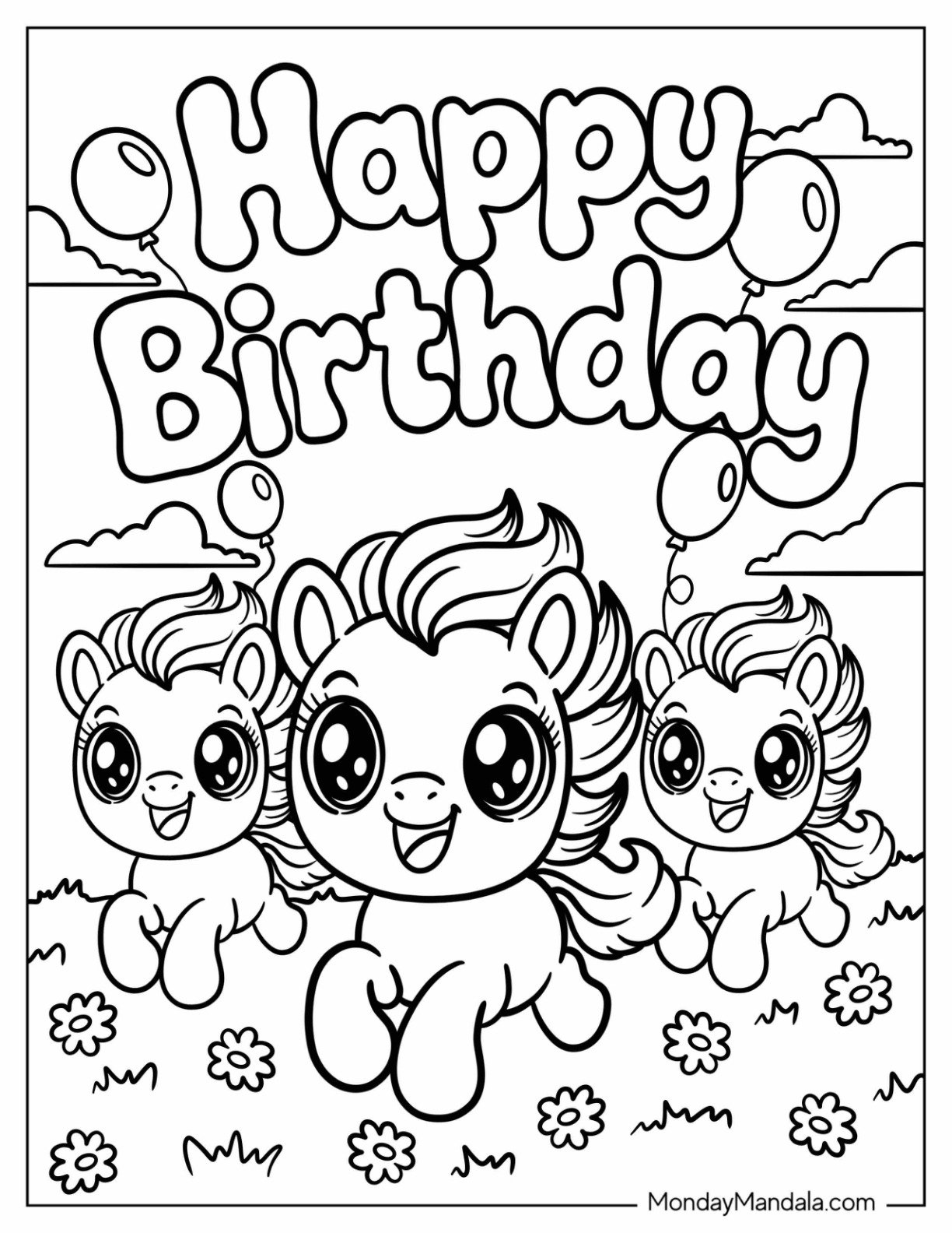 Kawaii Happy Birthday with Three Little Ponies Running in a Field