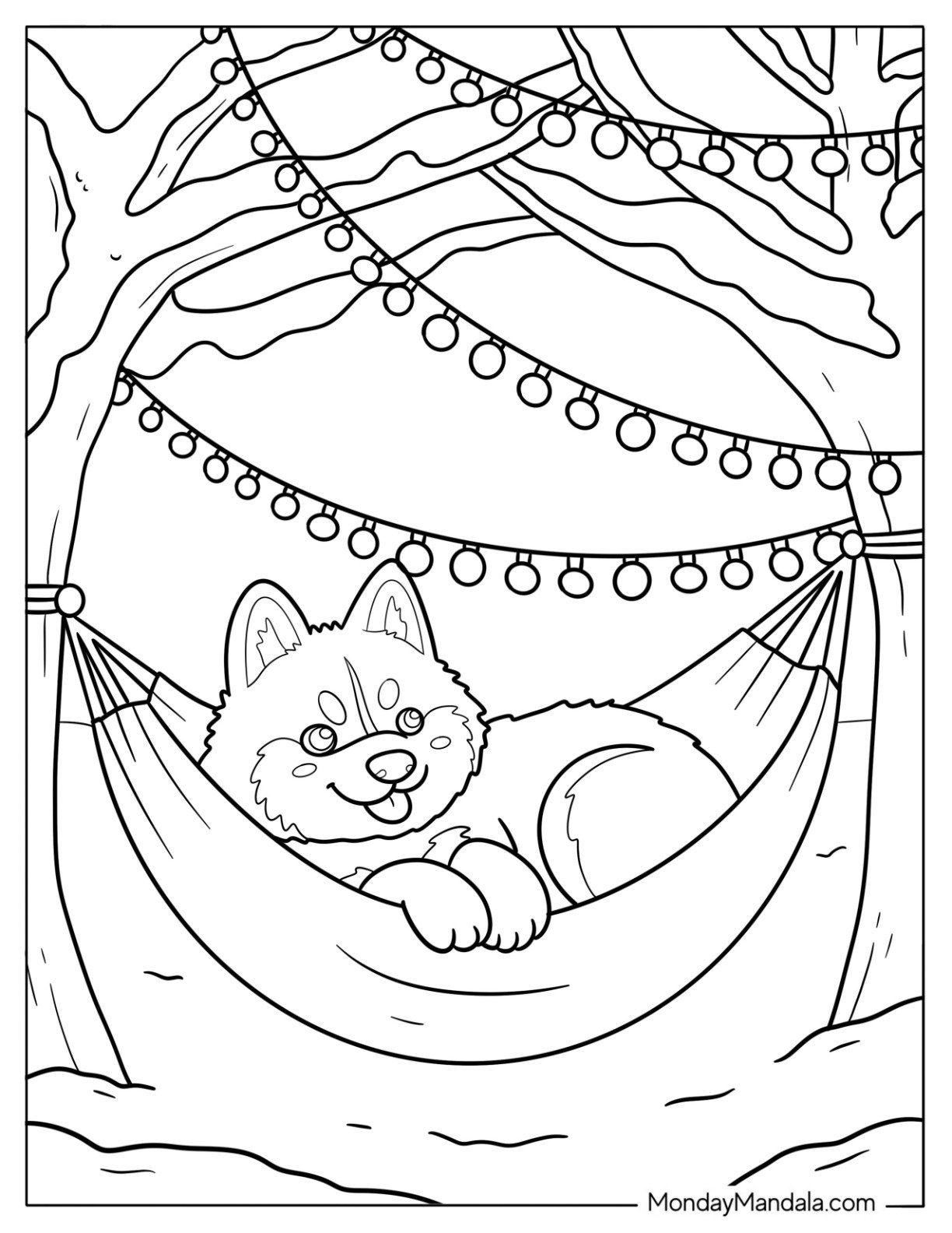 Kawaii Husky Coloring Pages in a Hammock Below String Lights for Kids