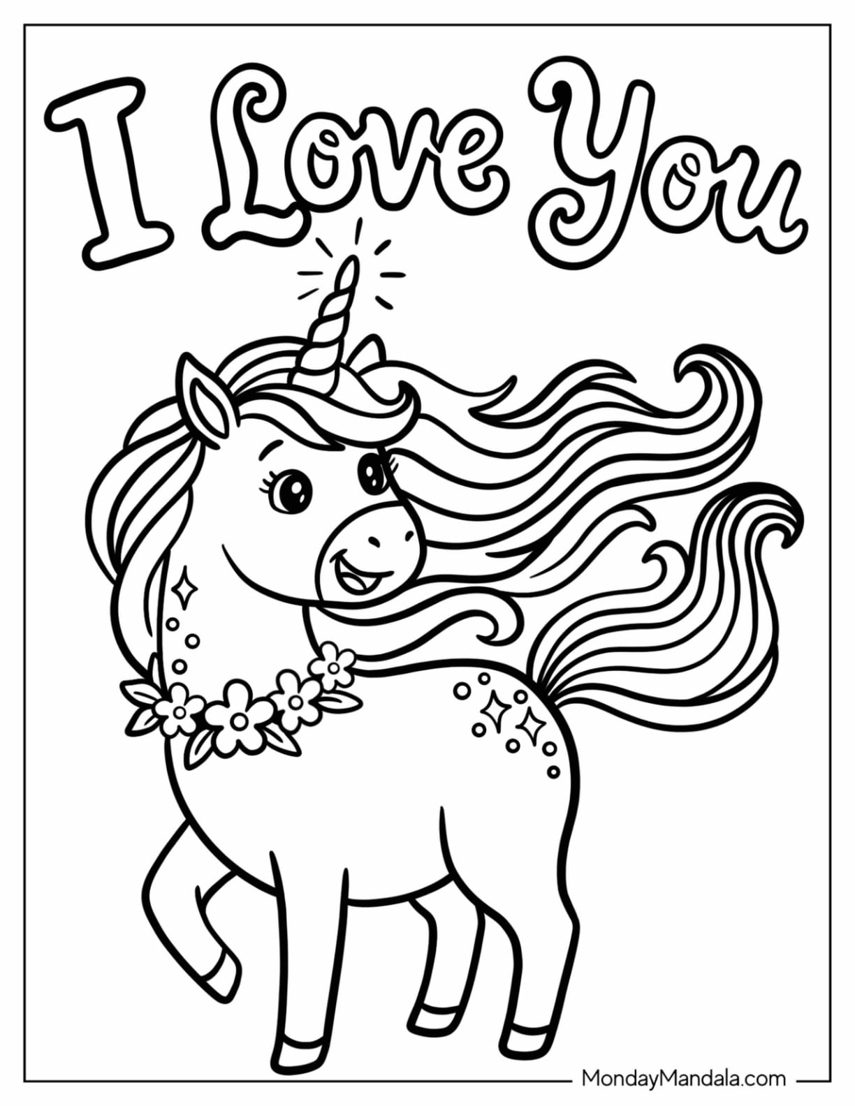 Kawaii I Love You Unicorn with Flowing Mane Coloring Page for Kids