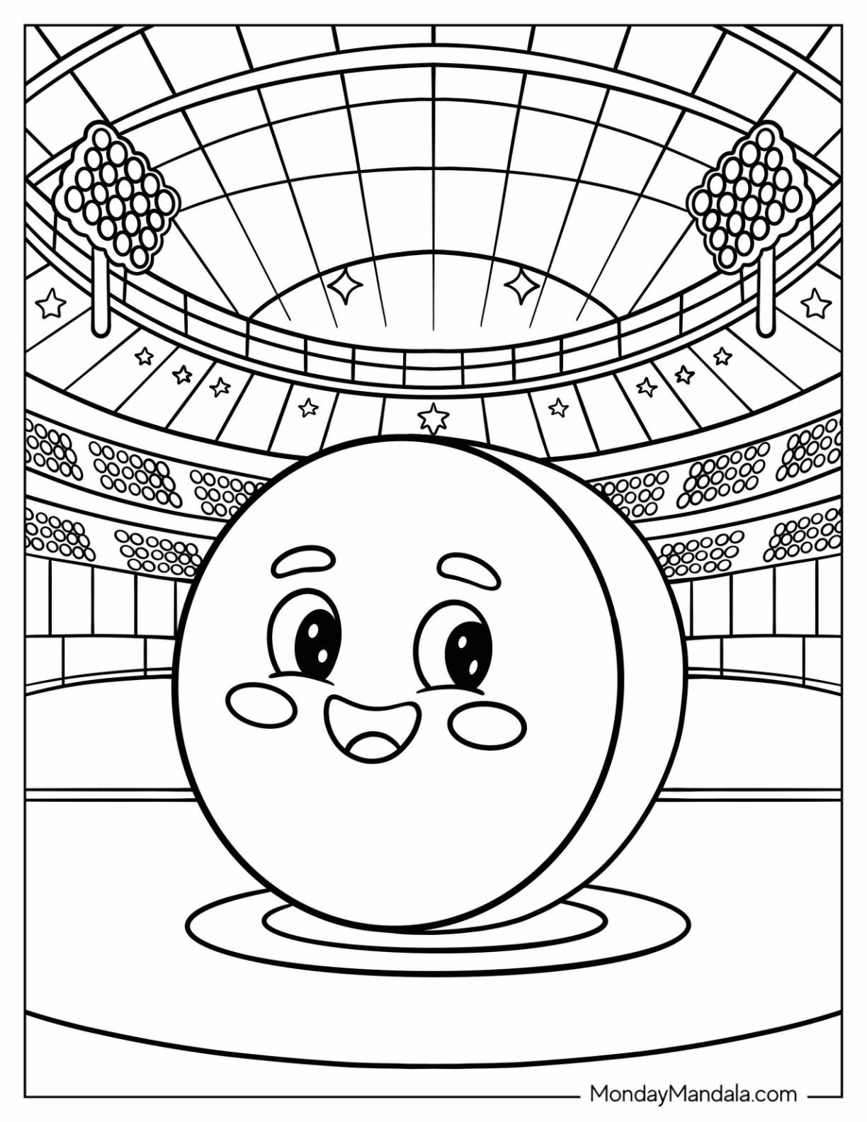 NHL & Hockey Coloring Page of Kawaii Ice Hockey Puck Inside the Rink for Preschoolers