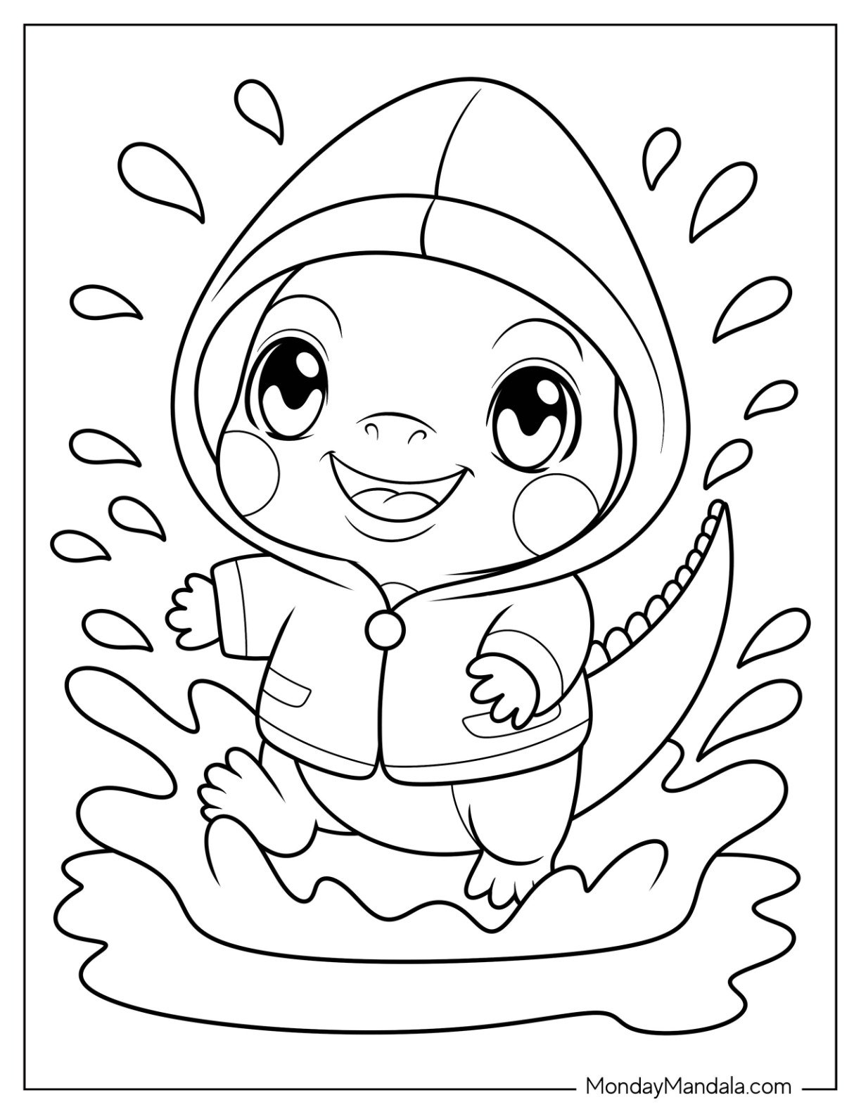 Kawaii Iguana Coloring Page in a Raincoat for Preschoolers