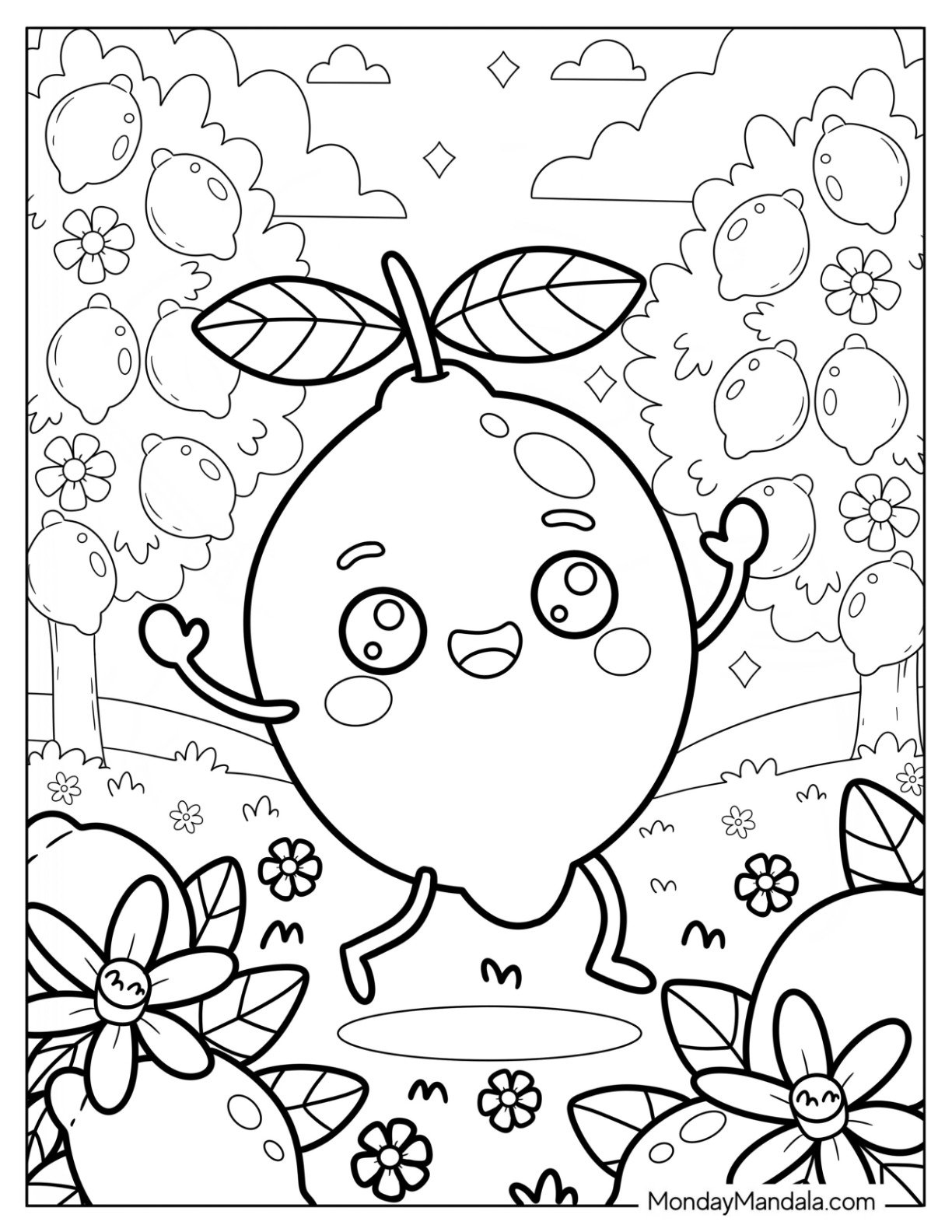 Kawaii Lemon Coloring Page Mid Jump in a Lemon Garden for Kids