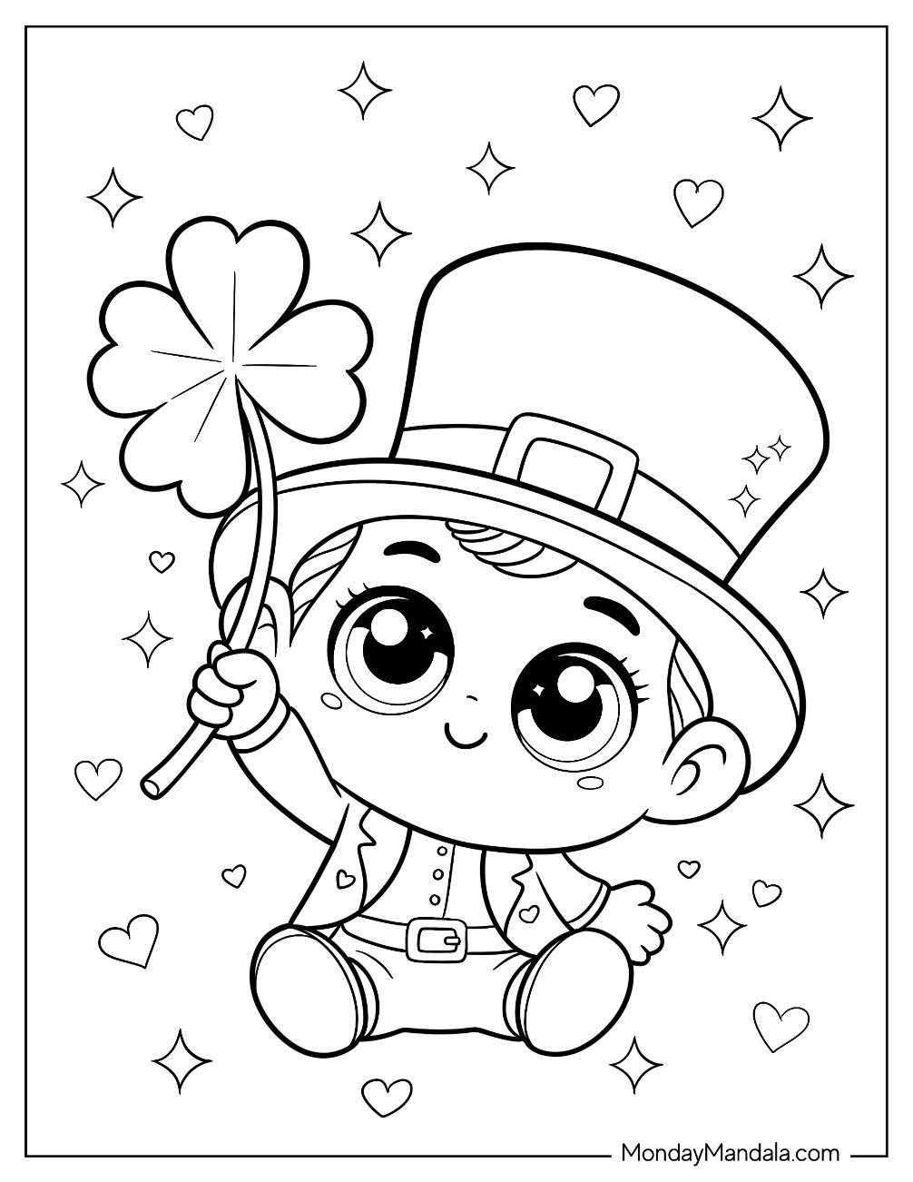 Kawaii Leprechaun Coloring Page Holding Up A Shamrock for Preschoolers