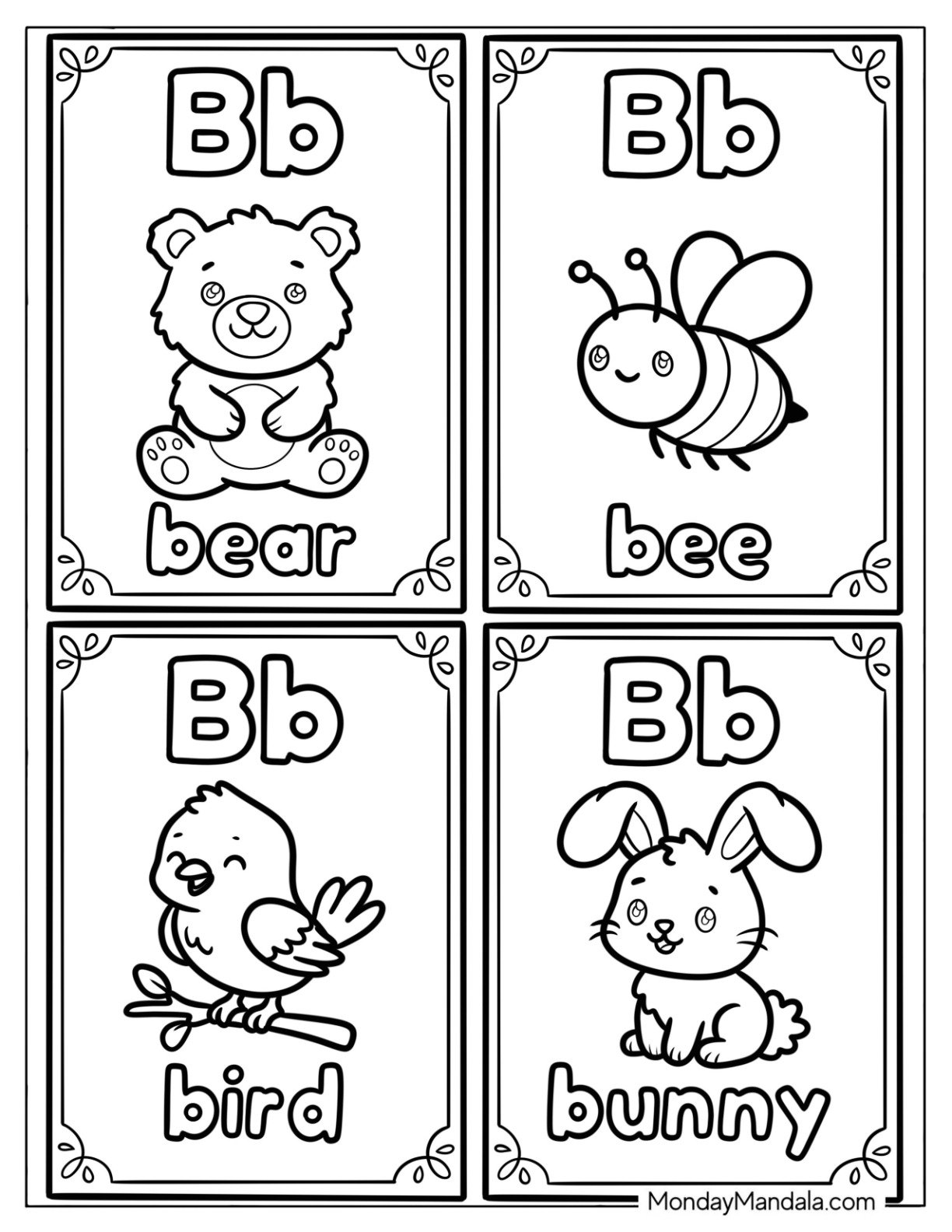 Kawaii Letter B Coloring Page is for Bear, Bee, Bird, and Bunny Flashcard