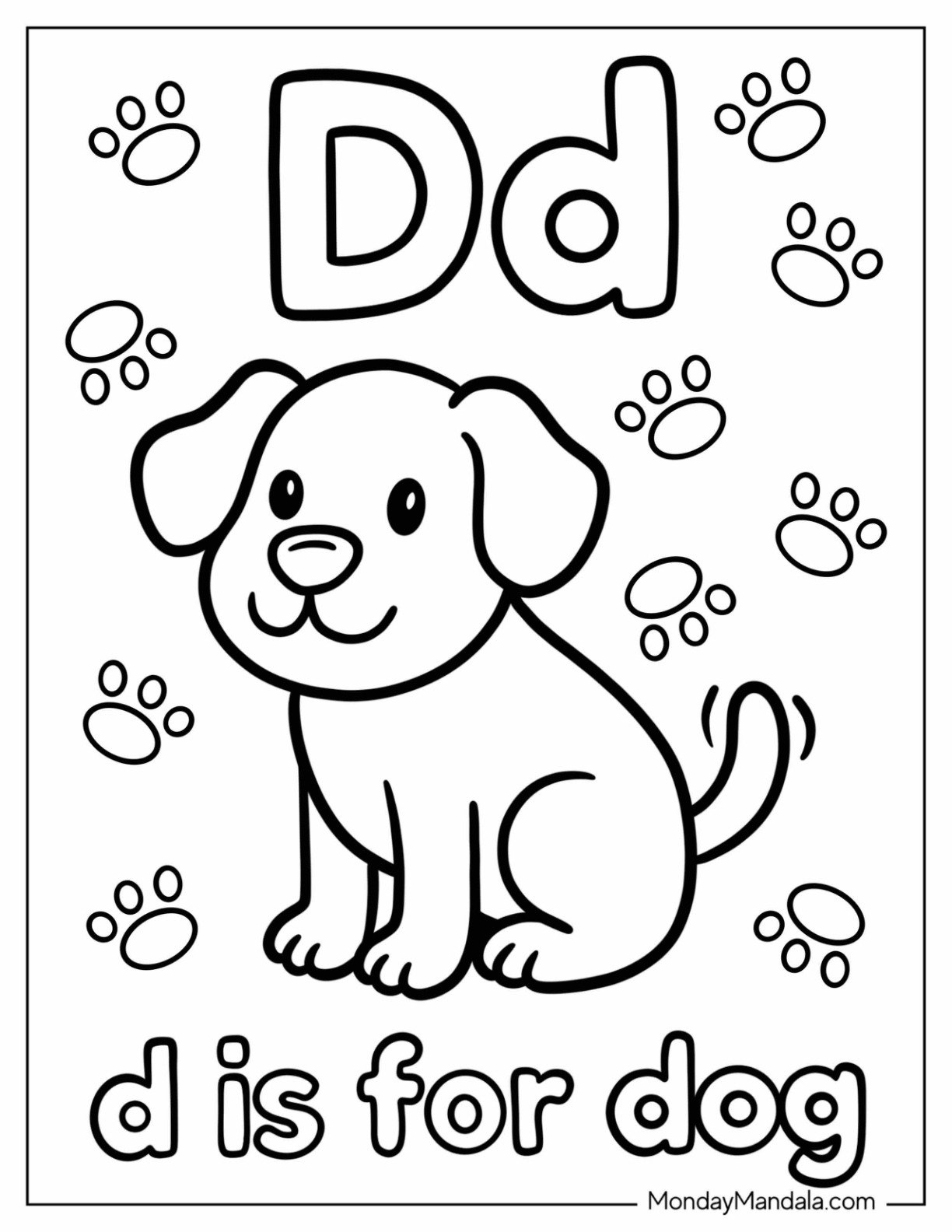 Kawaii Letter D Coloring Page is for Dog with Footprints for Preschoolers