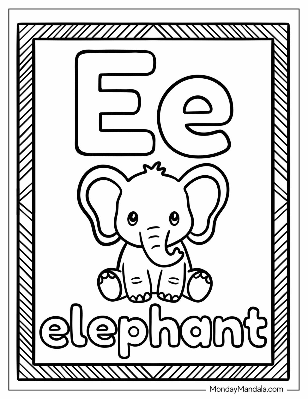 Kawaii Letter E Coloring Page Flashcard with Baby Elephant