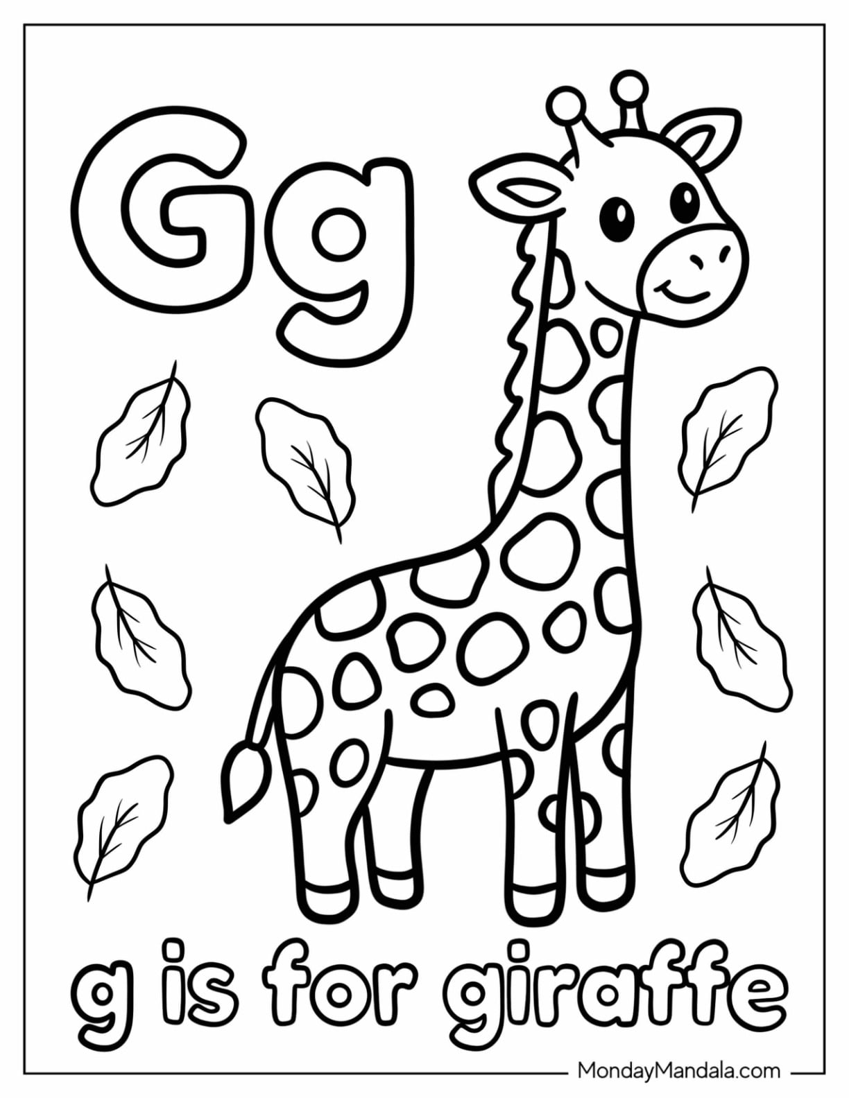 Kawaii Letter G Coloring Page With a Smiling Giraffe and Falling Leaves for Kids