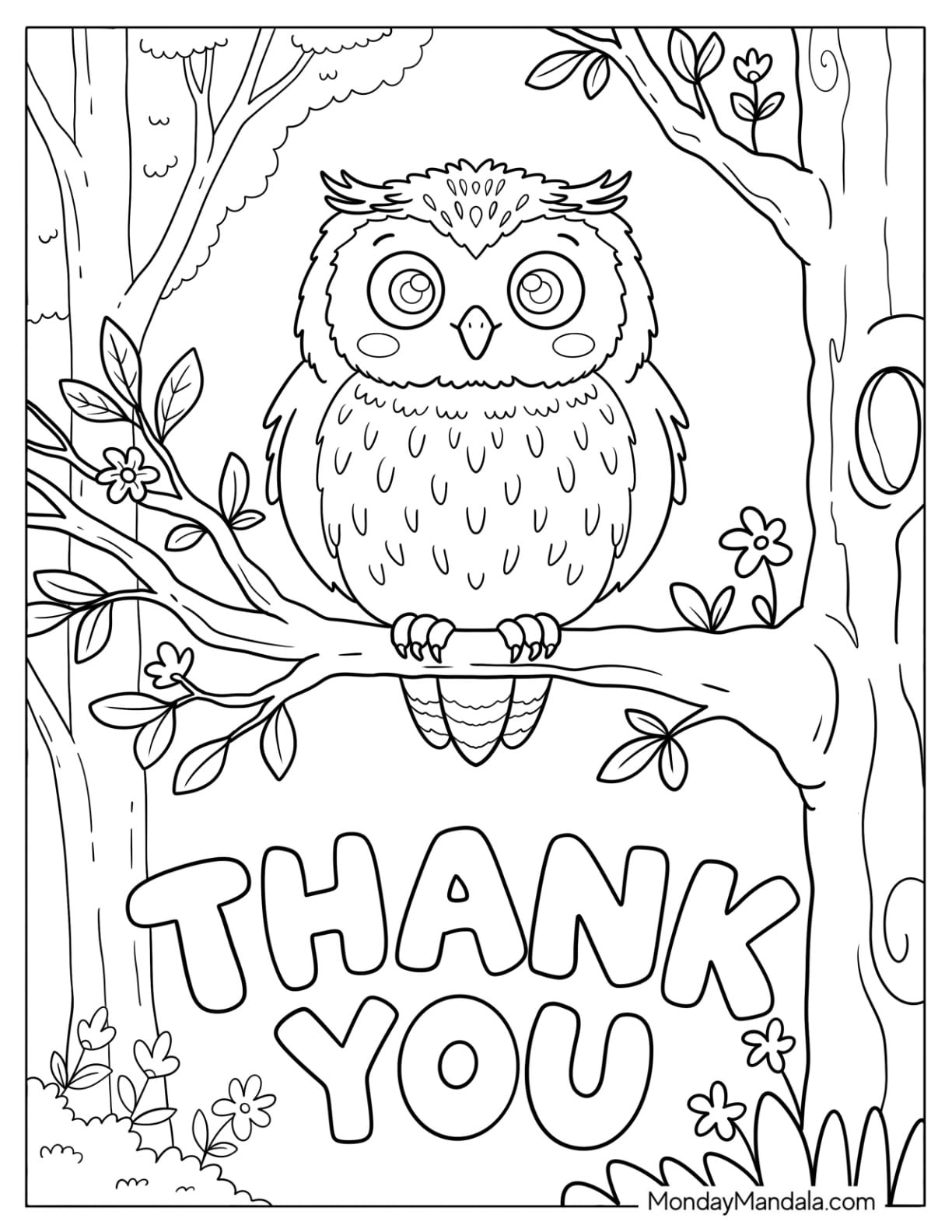 Kawaii Little Owl with Thank You Text Coloring Page