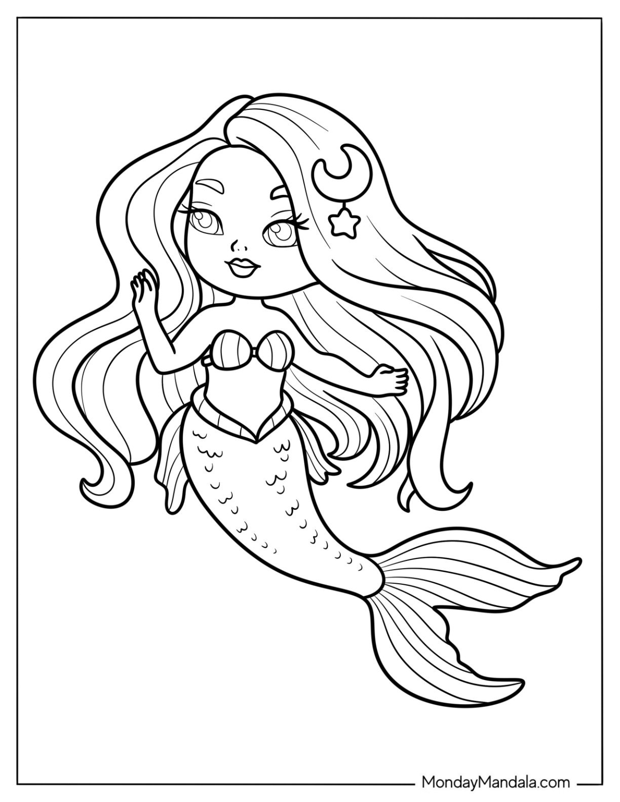 Kawaii Mermaid Coloring Page with Star and Moon Brooch for Kids