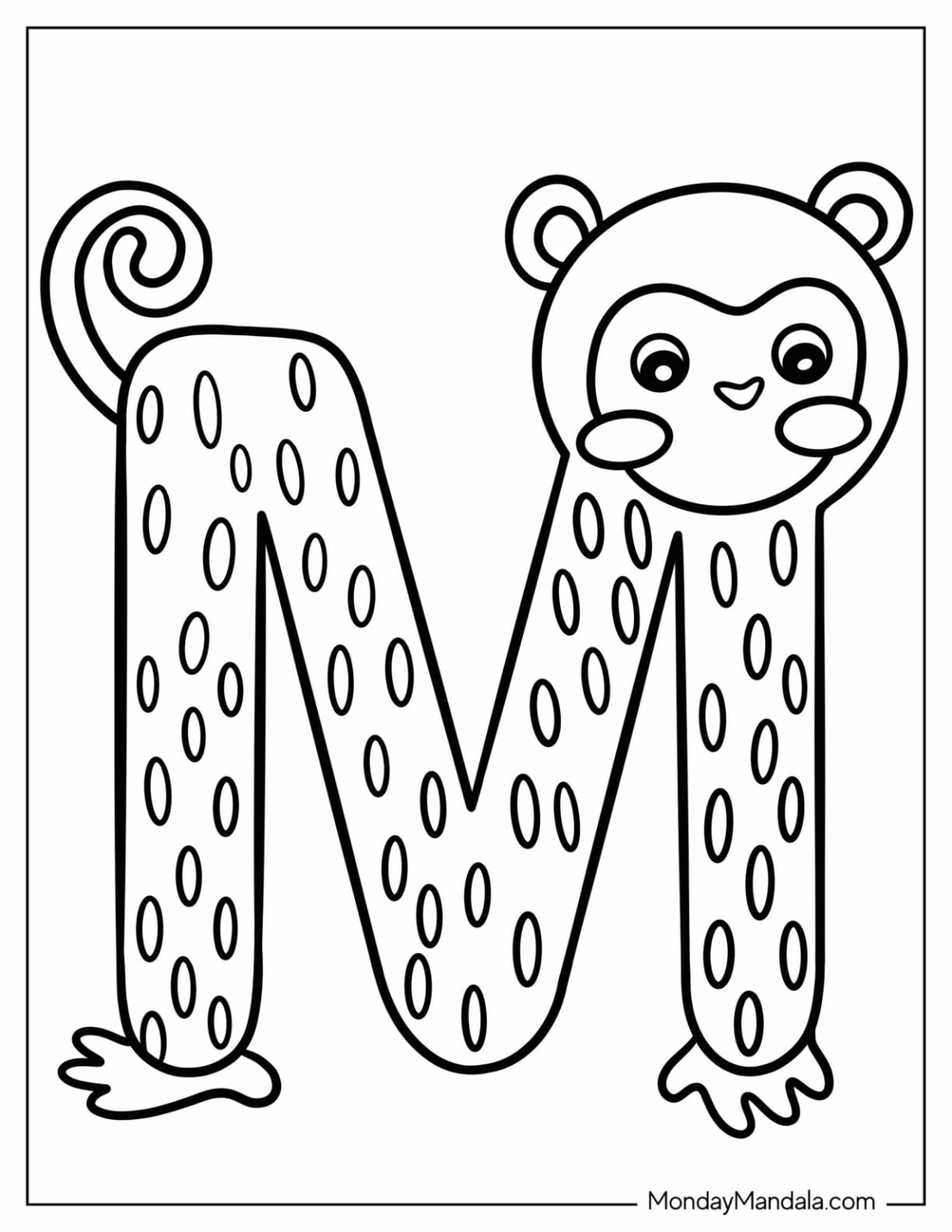 Kawaii Monkey Big Letter M Coloring Page For Preschoolers