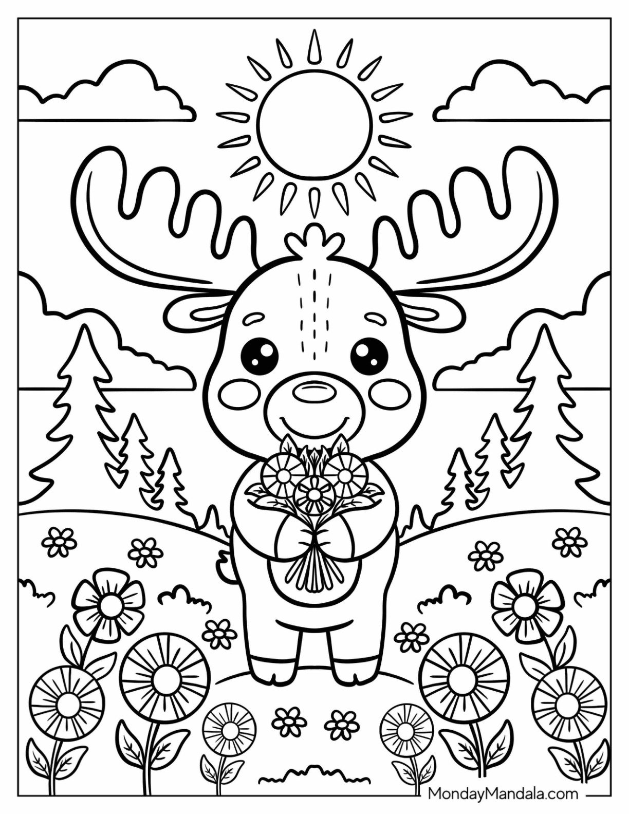 Kawaii Moose Holding a Bouquet of Flowers in a Meadow Coloring Sheet for Kids