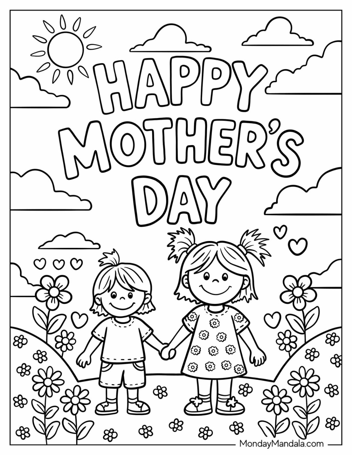 Mother's Day Coloring Page of Kawaii Mother and Child Holding Hands in the Garden For Kids