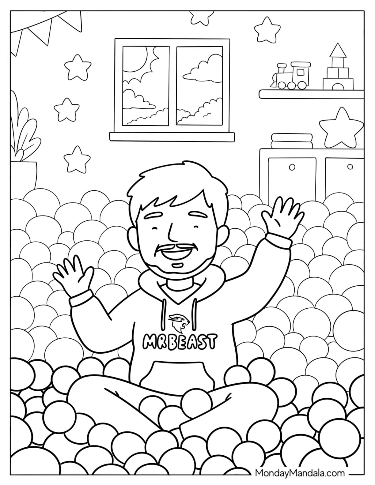 Kawaii MrBeast Sitting in a Ball Pit Coloring Page for Kids