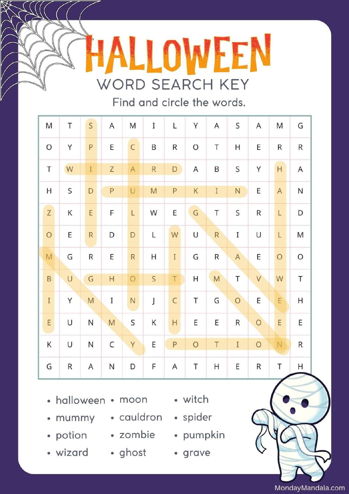 Kawaii Mummy Halloween Word Search Answer Key