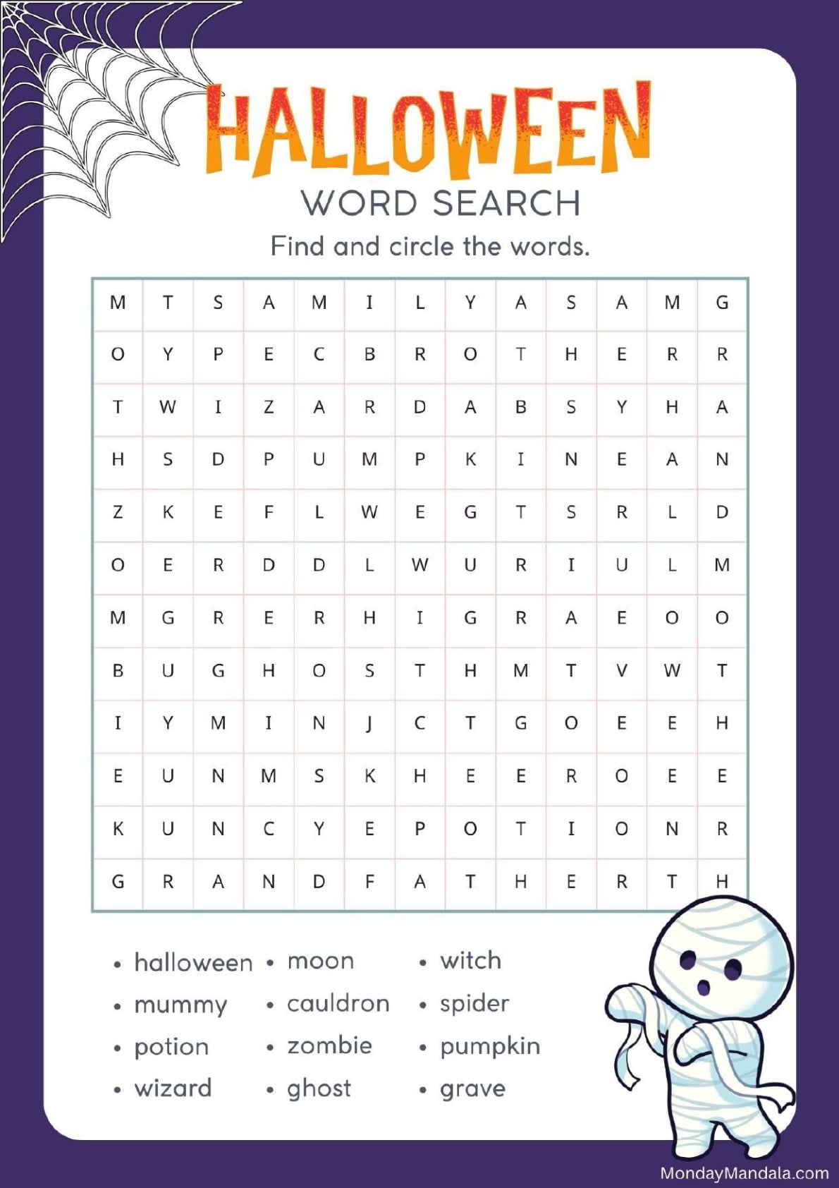 Kawaii Mummy Halloween Word Search