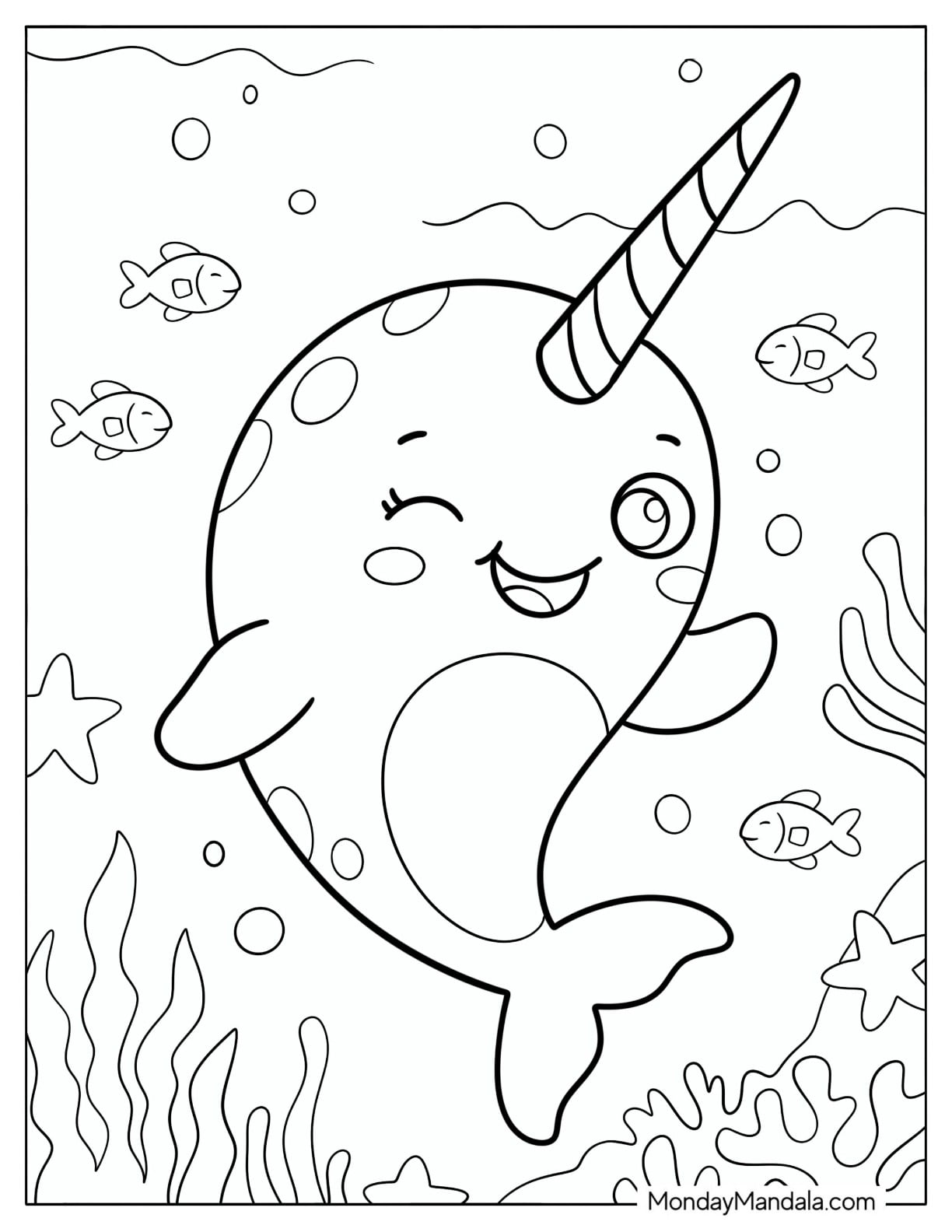 Kawaii Narwhal Winking Underwater Coloring Page for Preschoolers
