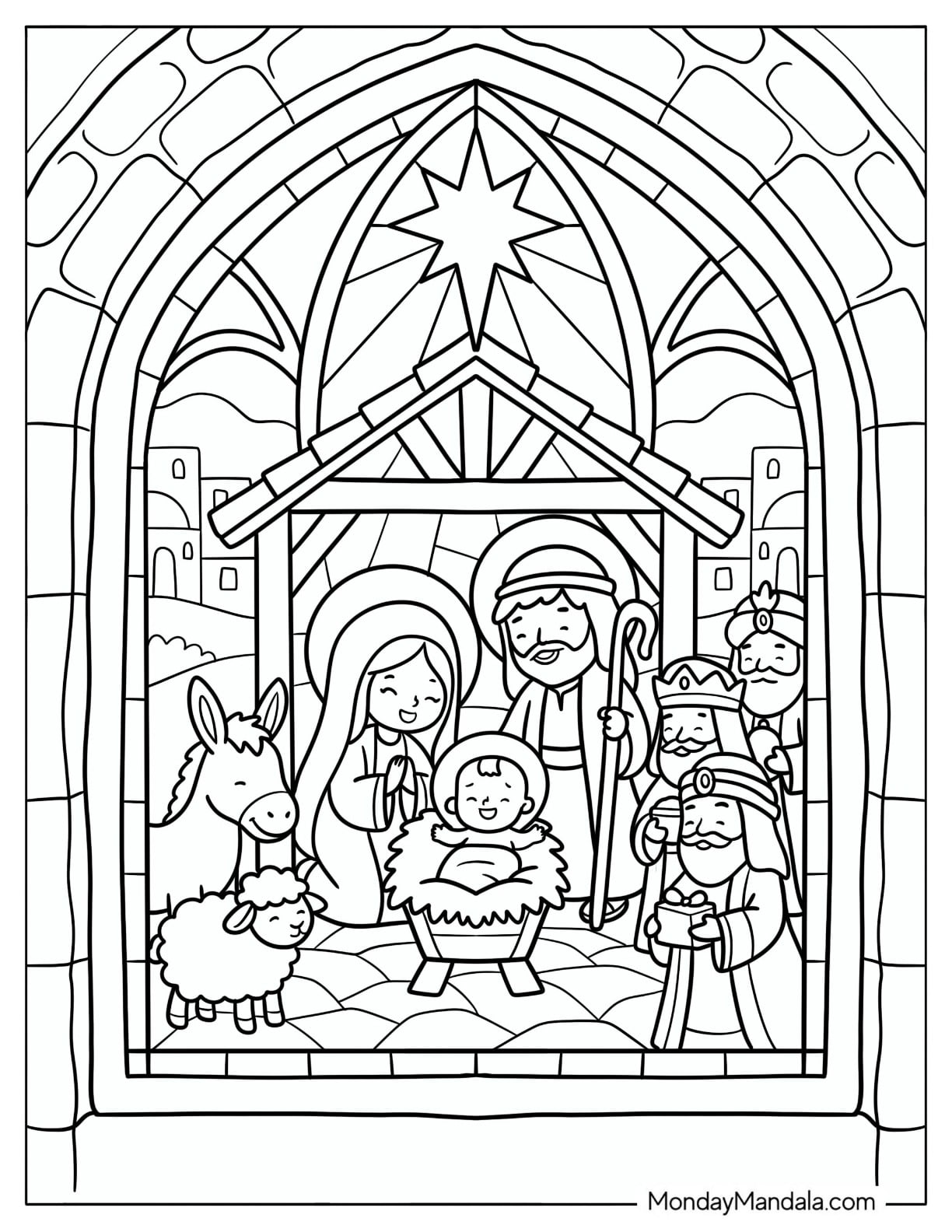 Kawaii Nativity Scene of Christian Christmas Coloring Page