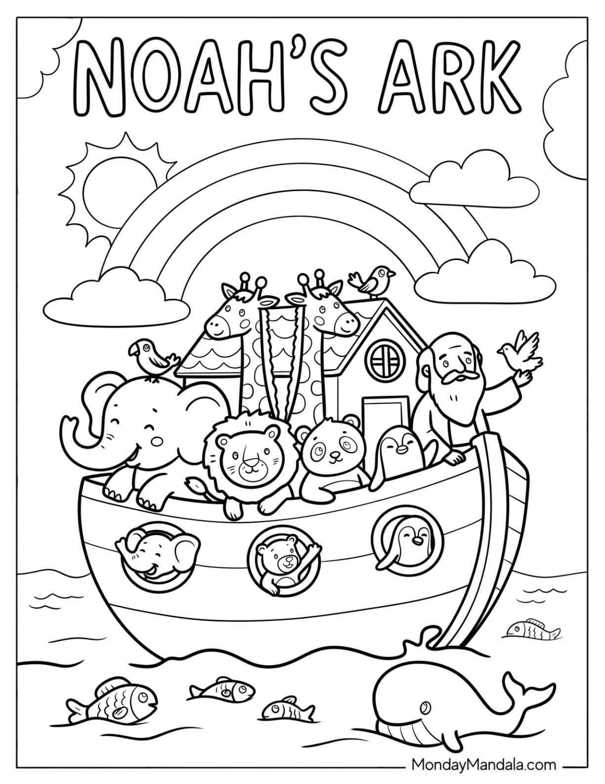 Kawaii Noah's Ark Coloring Page with Animals on the Deck for Kids