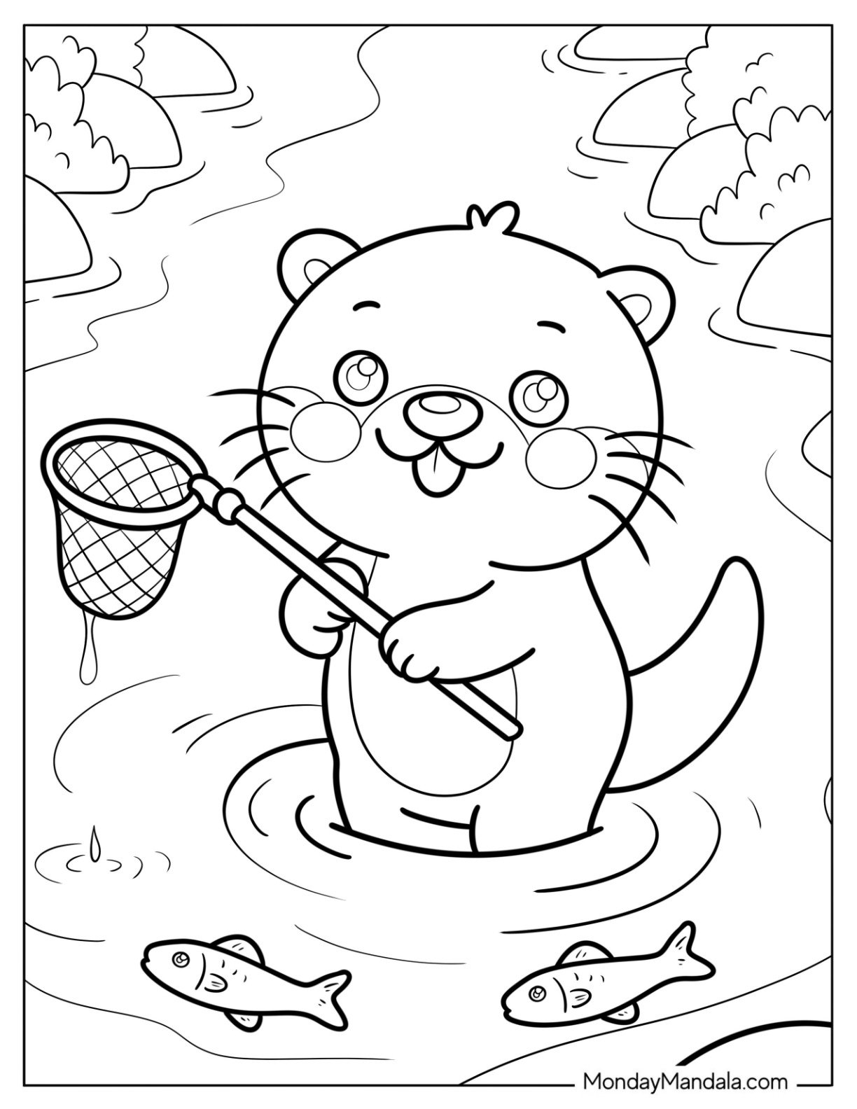 Kawaii Otter Coloring Page Holding a Fishing Net in the River