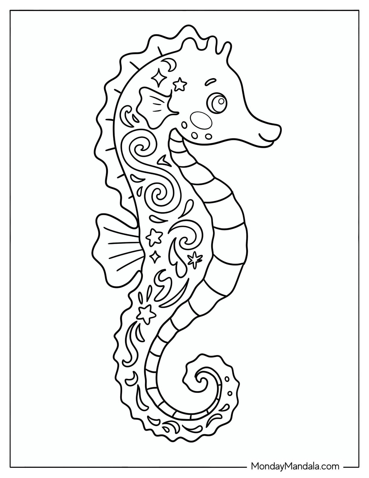 Kawaii Patterned Seahorse Coloring Page for Kids