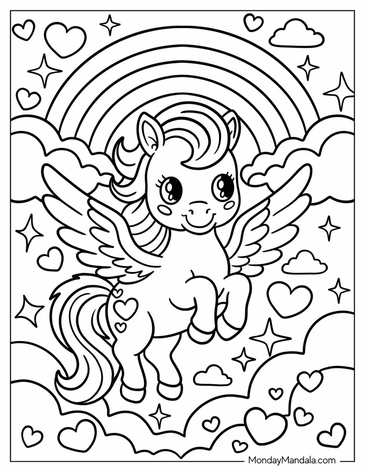Kawaii Pegasus Coloring Page Pony in the Clouds with Stars and Rainbow for Kids