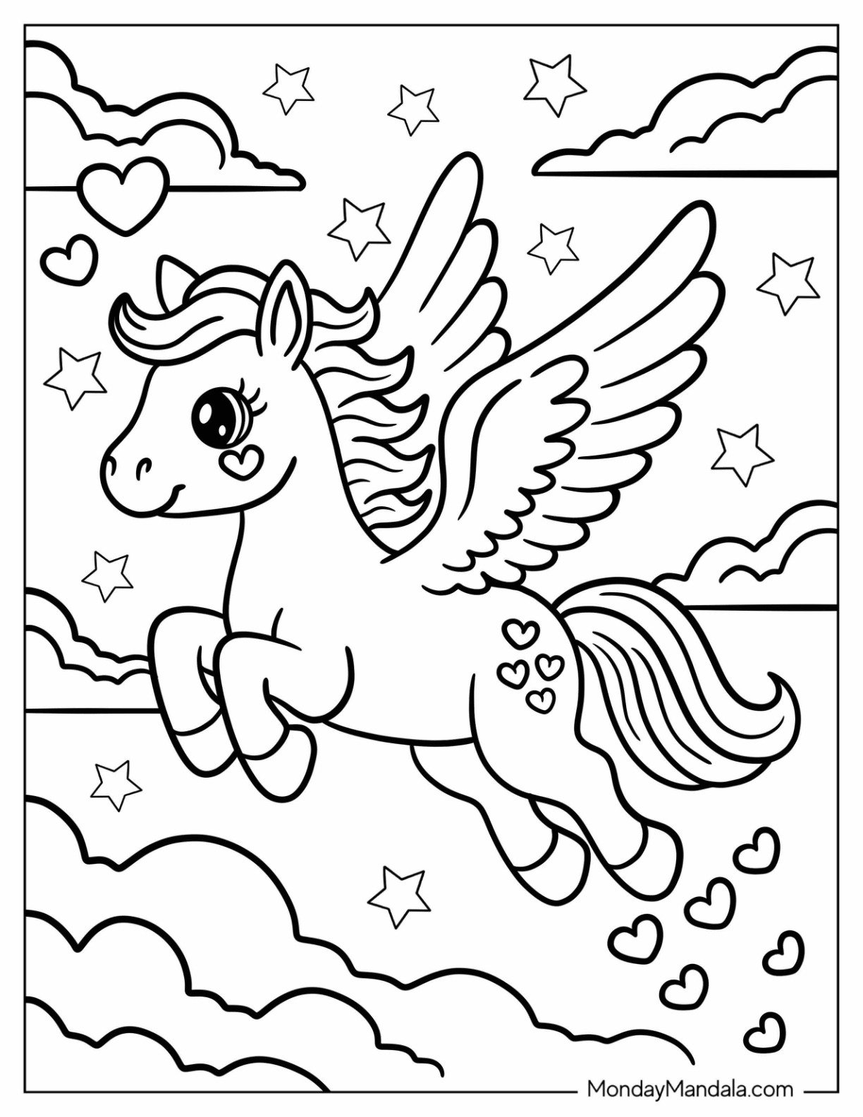 Kawaii Pegasus Coloring Page in the Clouds with Stars and Hearts For Kids