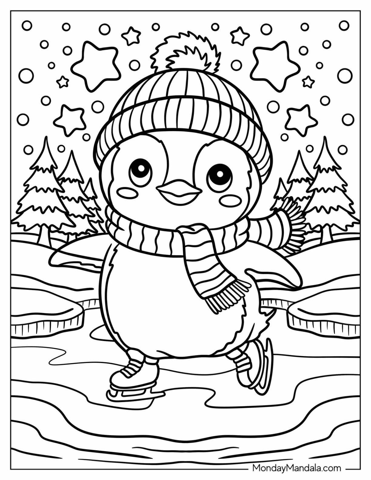 Kawaii Penguin Coloring Page in Beanie and Scarf Ice Skating in Winter