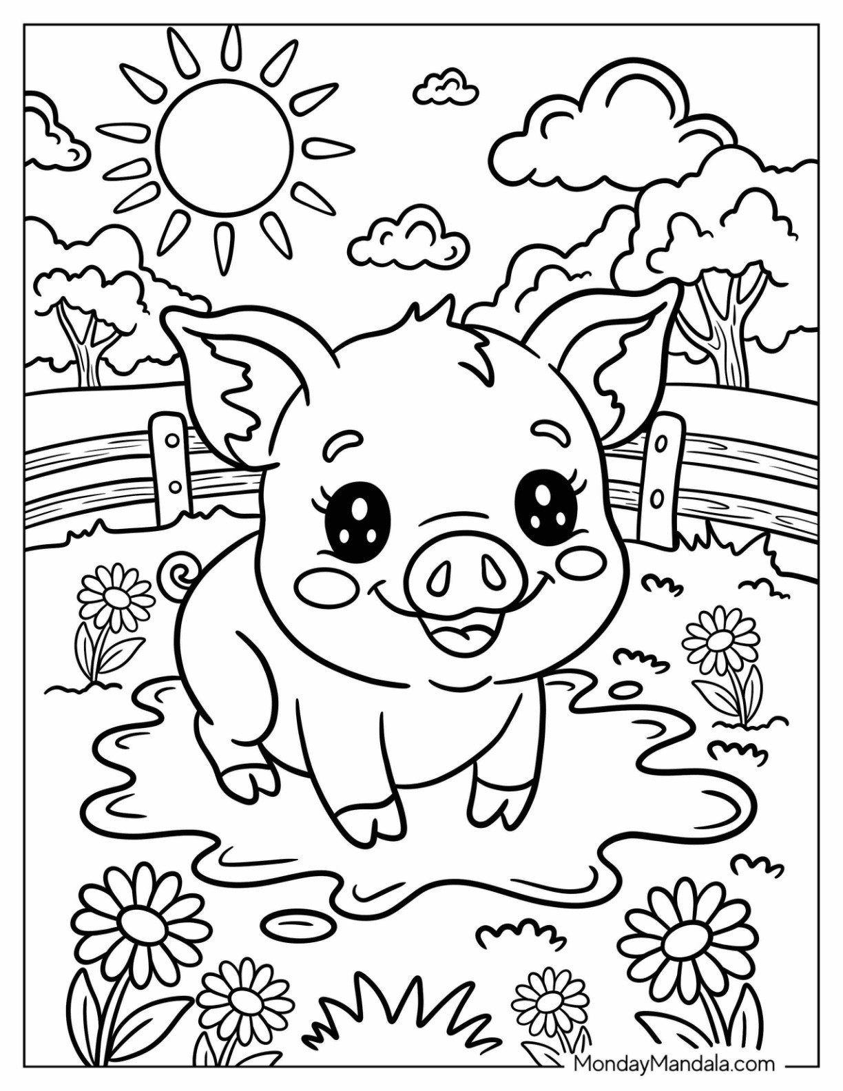 Kawaii Pig Coloring Page Standing in the Mud for Kids