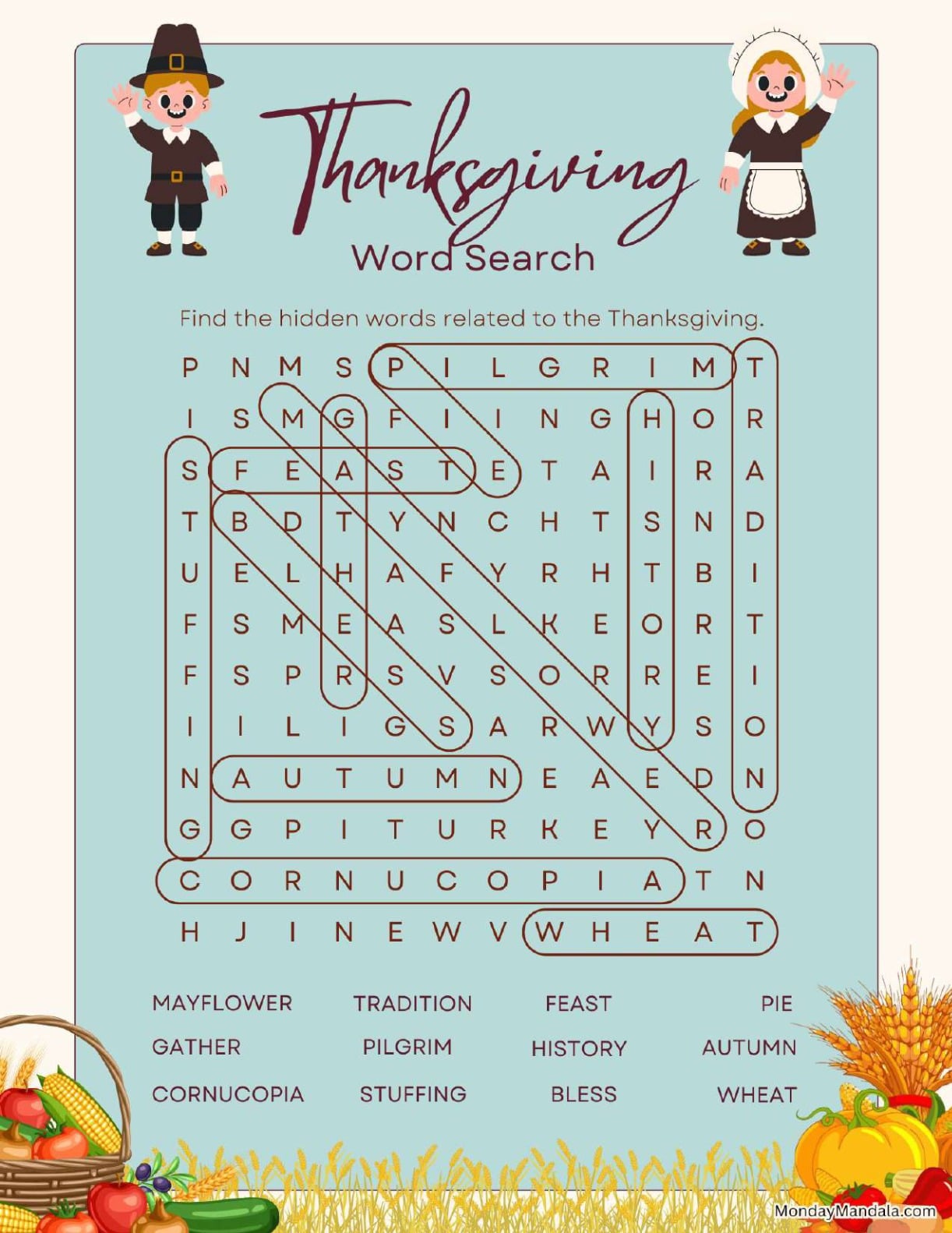 Kawaii Pilgrim Thanksgiving Word Search Answer Key