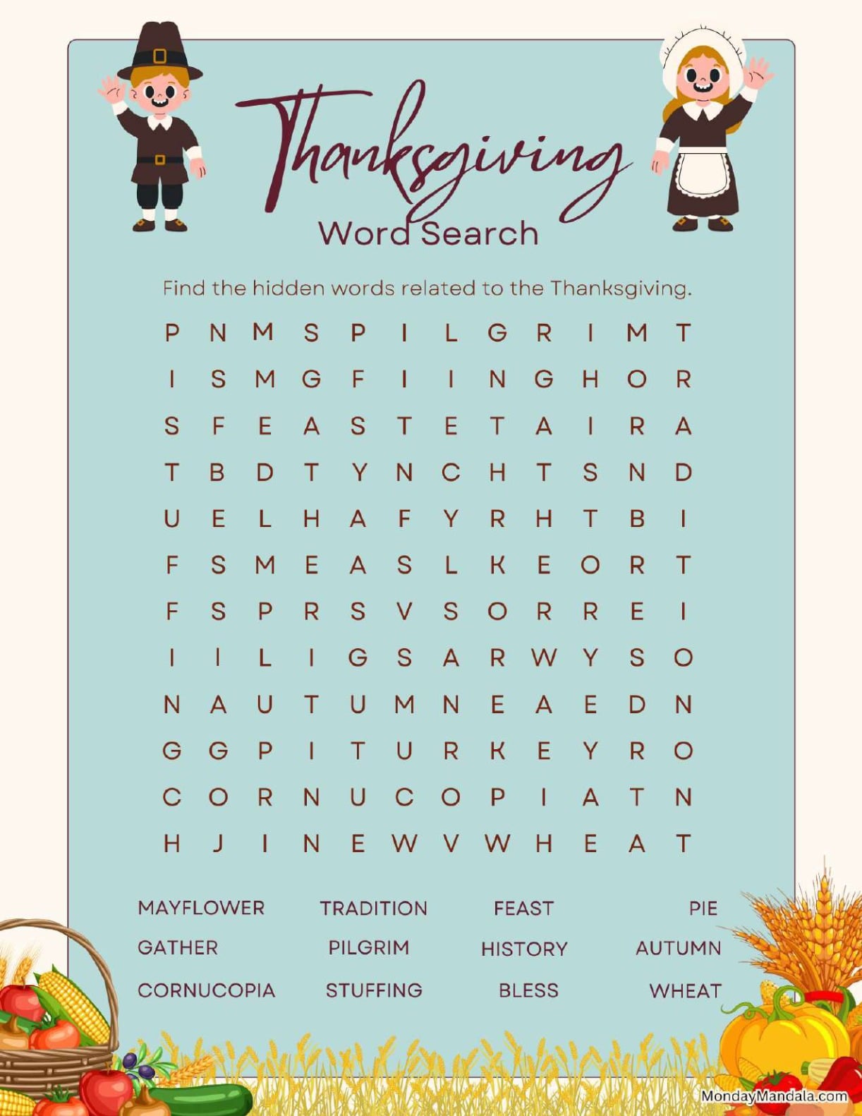 Kawaii Pilgrim Thanksgiving Word Search