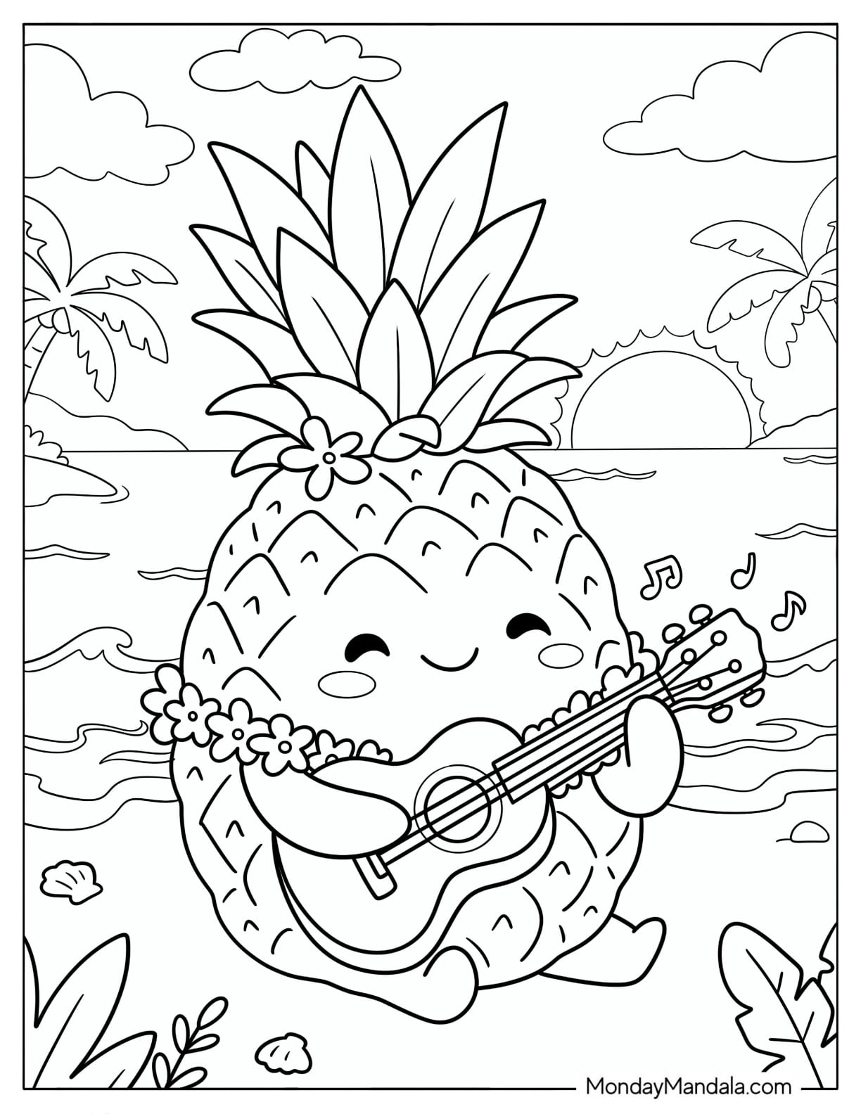 Kawaii Pineapple Playing Guitar on a Tropical Beach Coloring Sheet for Kids