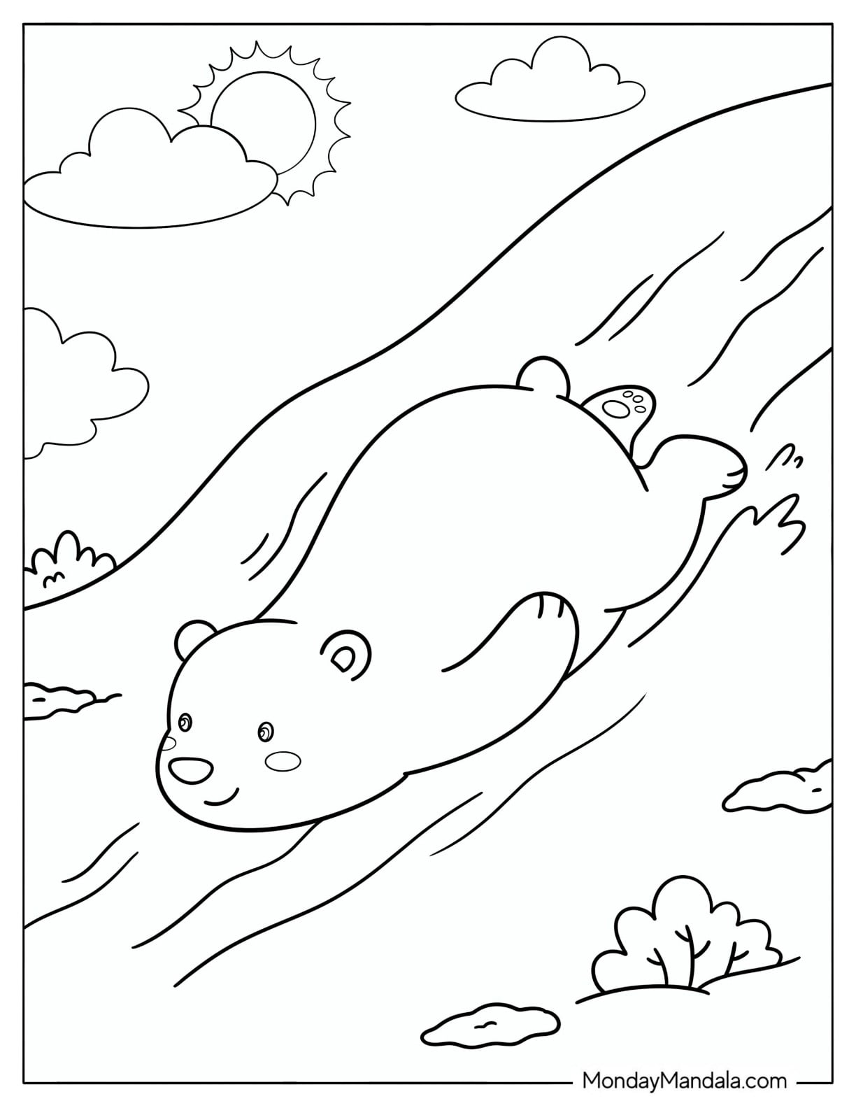 Kawaii Polar Bear Cub Sliding Down a Snowy Slope Coloring Sheet for Preschoolers