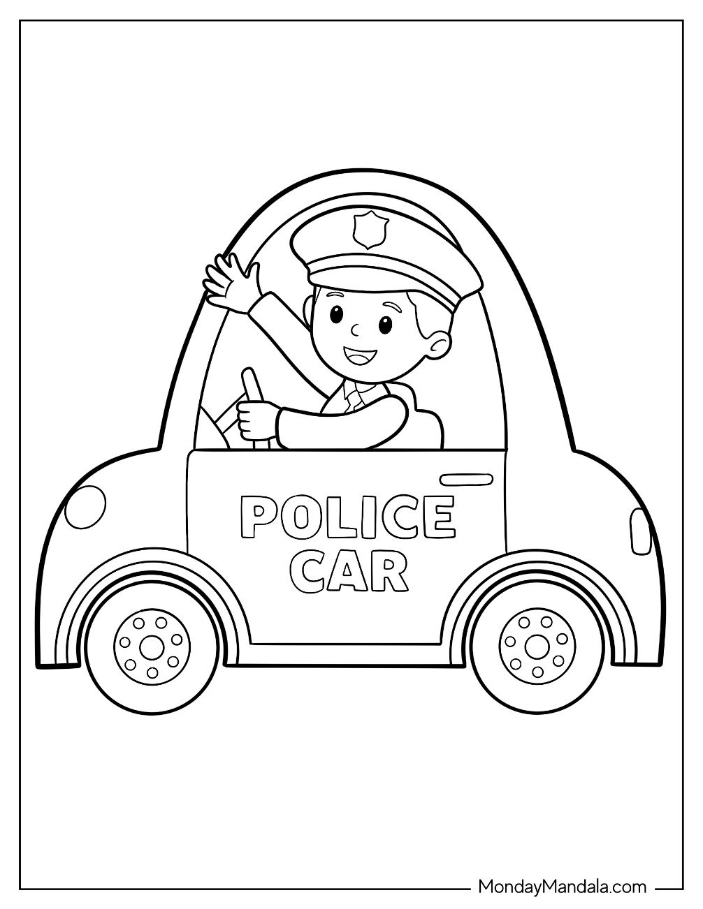 Kawaii Police Car Coloring Page With An Officer Inside Waving For Preschoolers