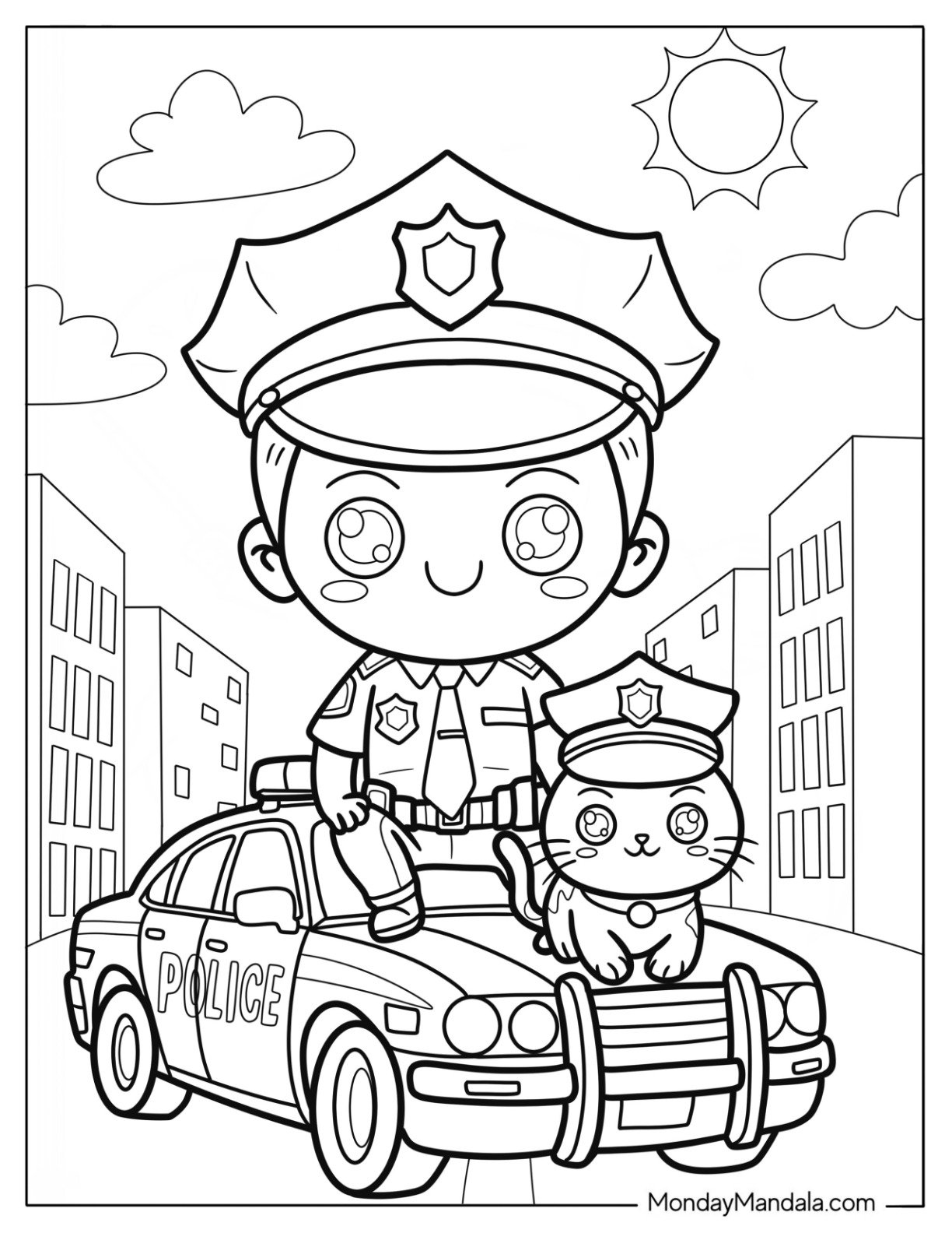 Kawaii Police Coloring Page with Patrol Car and Cat for Preschoolers