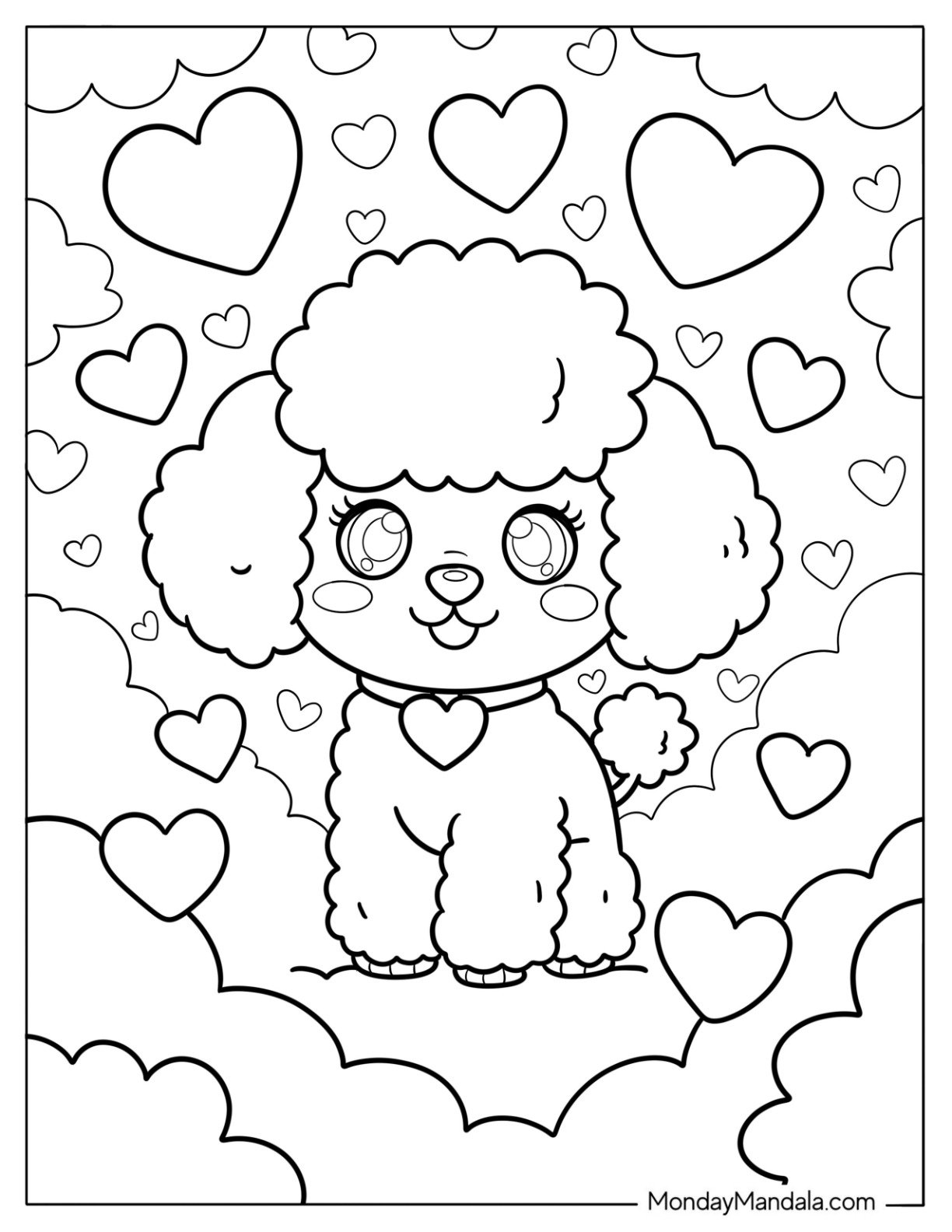 Kawaii Poodle Coloring Page with Fluffy Fur and Heart Collar in a Sky Full of Love Hearts