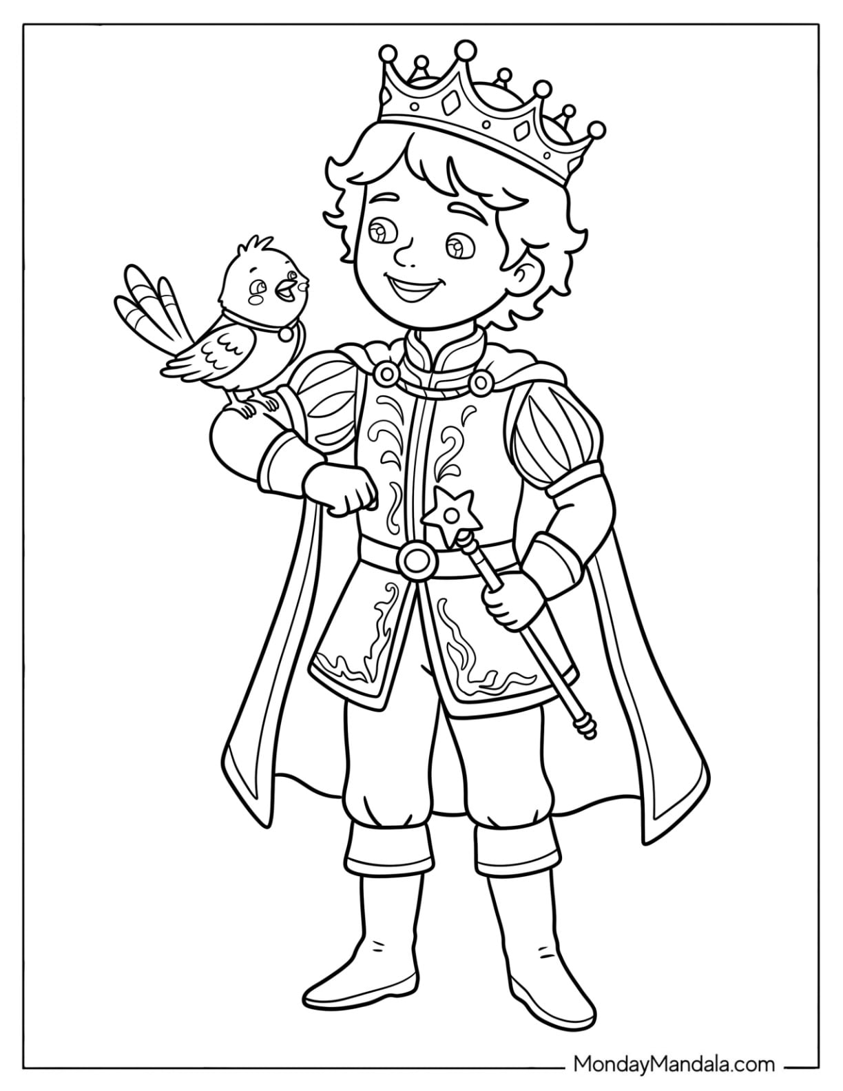 Kawaii Prince Holding a Bird on His Arm Coloring Page for Kids