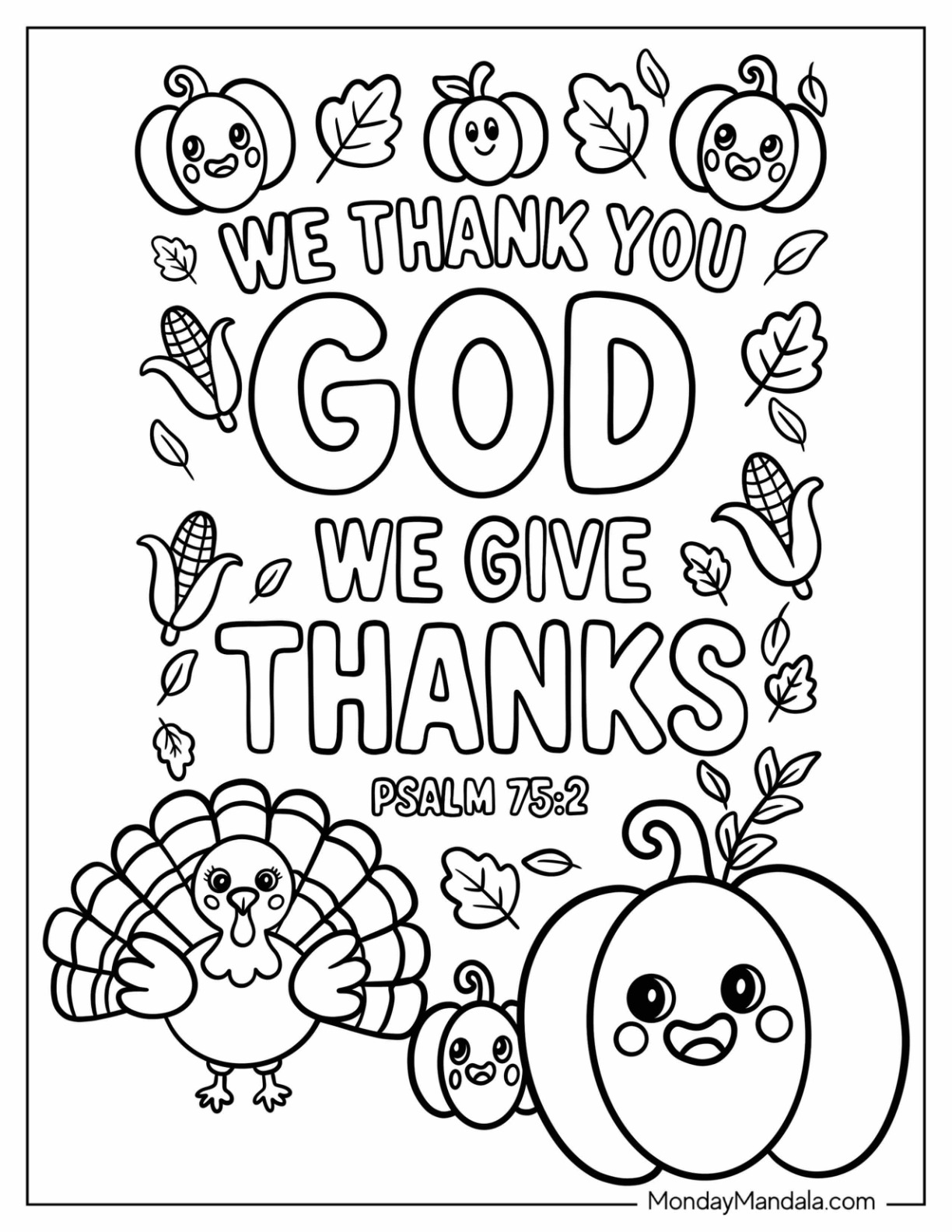 Thanksgiving Coloring Page of Kawaii Psalm 75 2 Bible Verse with Turkey, Corns, and Pumpkin