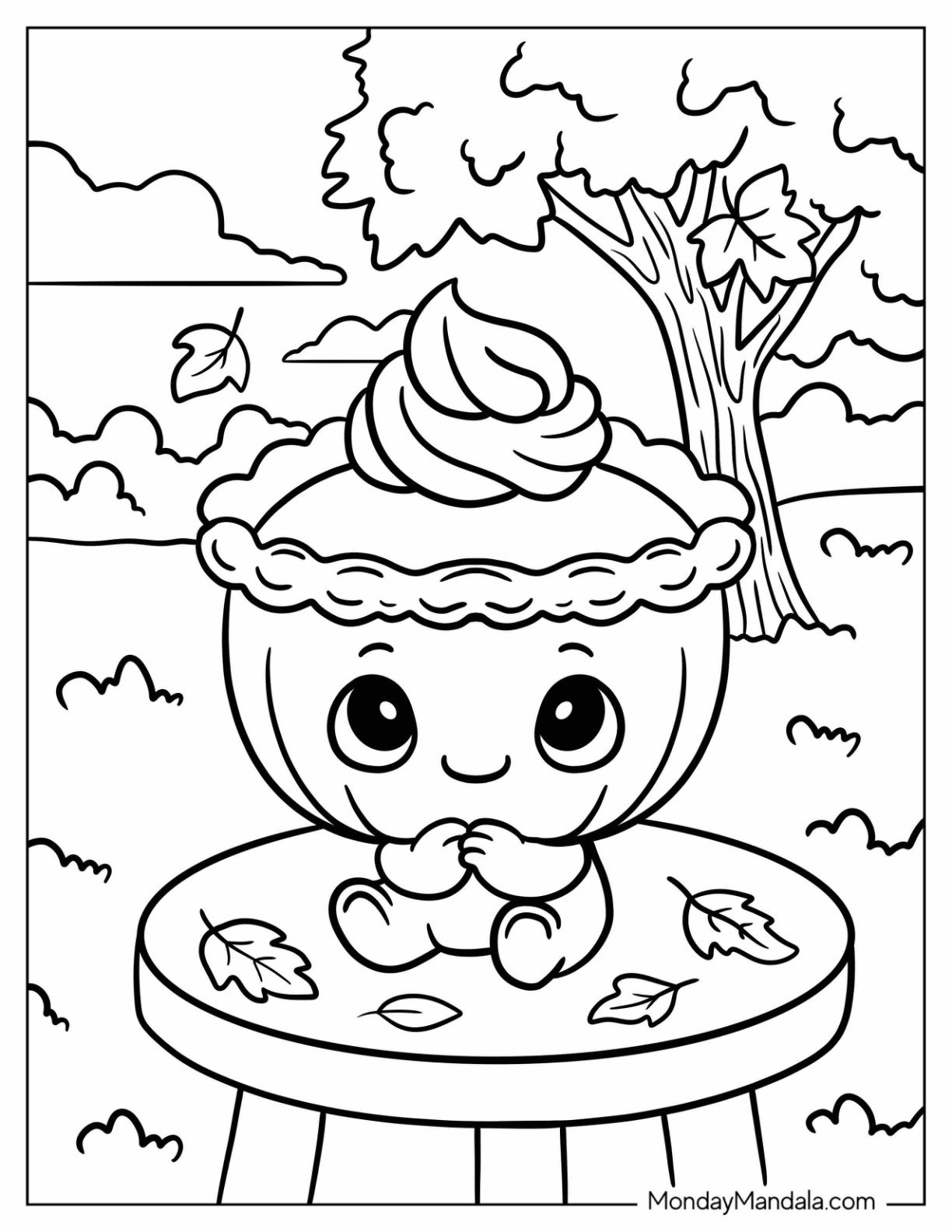 Thanksgiving Coloring Page of Kawaii Pumpkin Pie Sitting on Autumn Table for Preschoolers