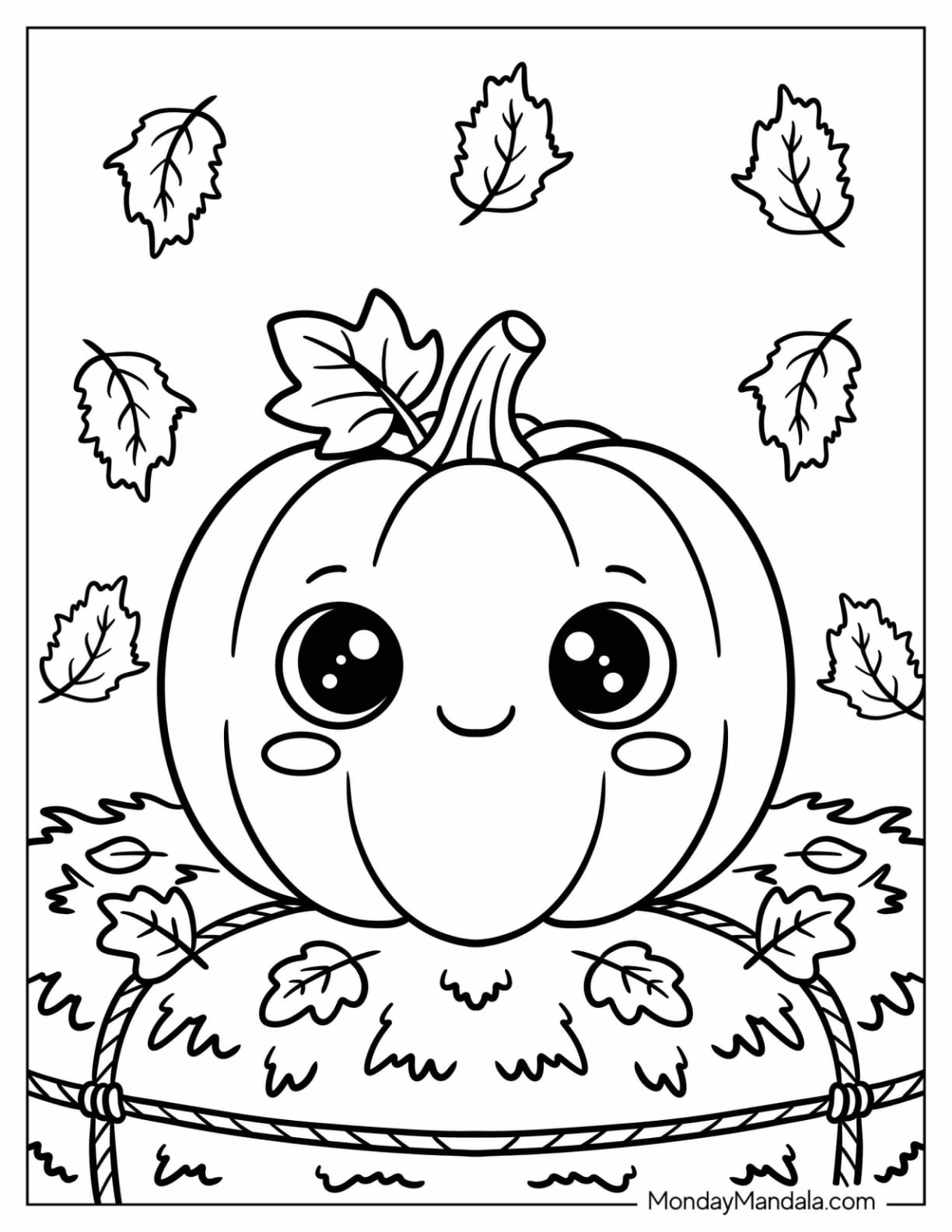 Kawaii Pumpkin on a Bed of Leaves Coloring Page for Kids