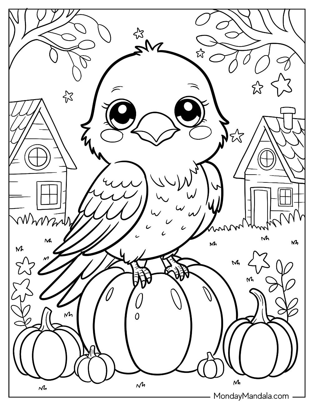 Kawaii Raven Coloring Page Standing on a Pumpkin for Preschoolers