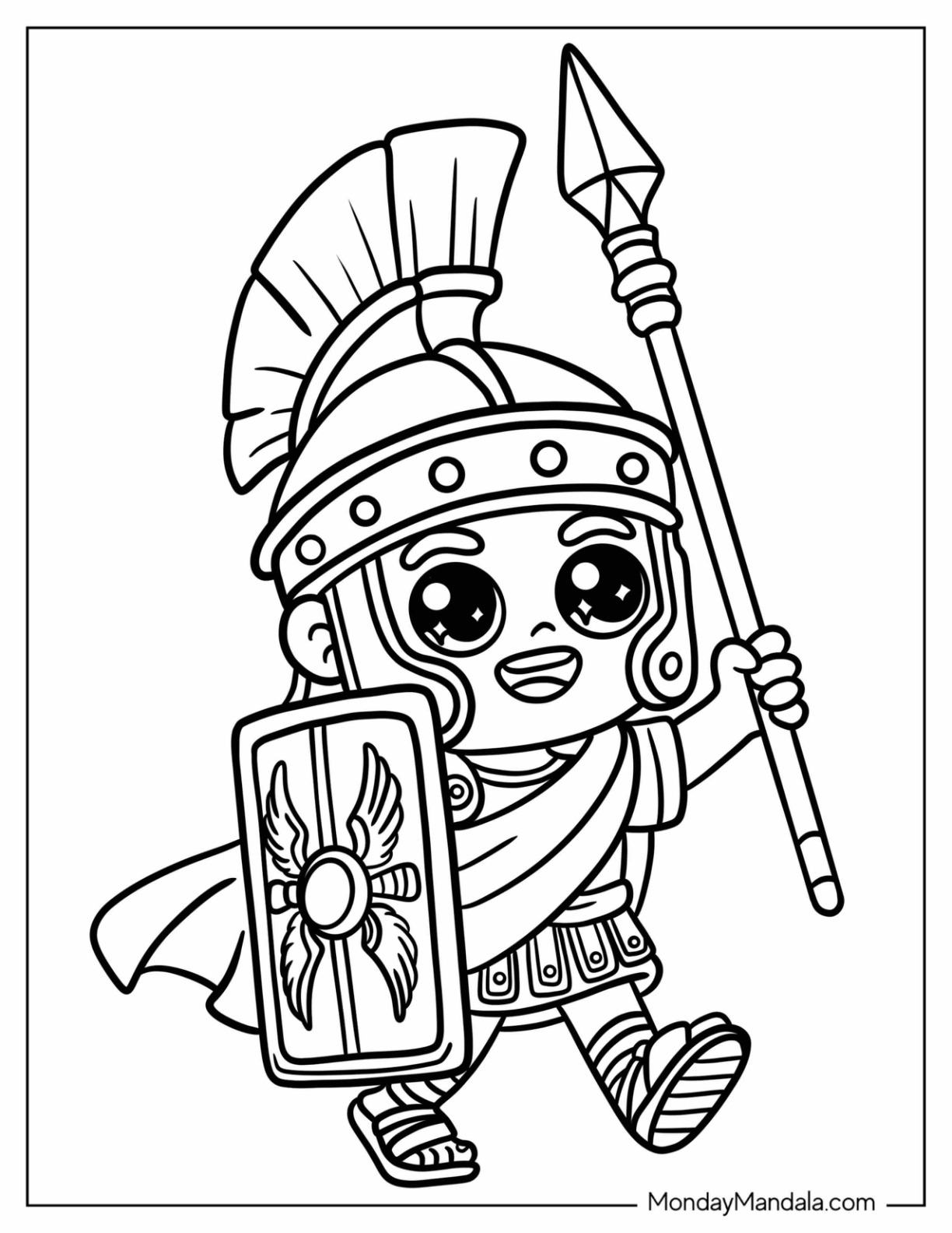 Kawaii Roman Soldier Coloring Page Marching for Preschoolers