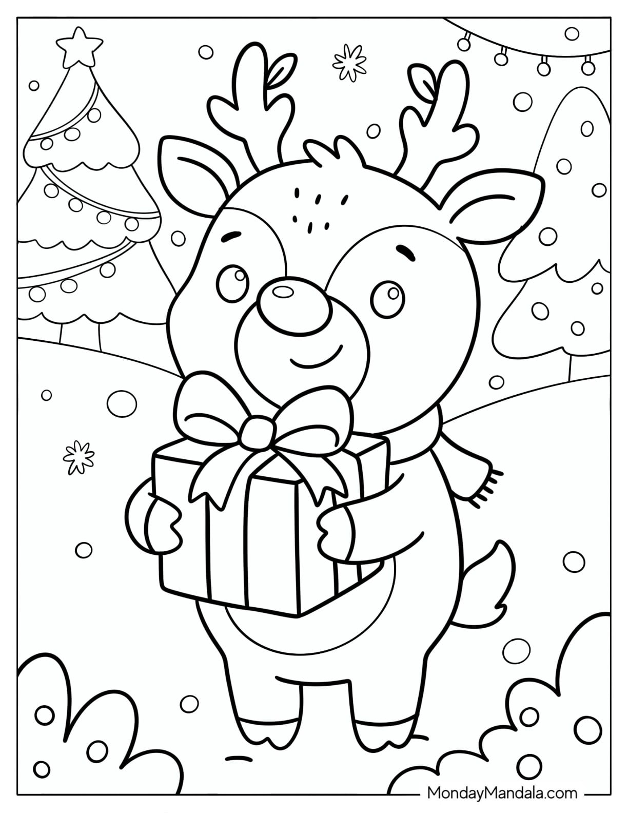 Kawaii Rudolph Holding a Christmas Present Coloring Page